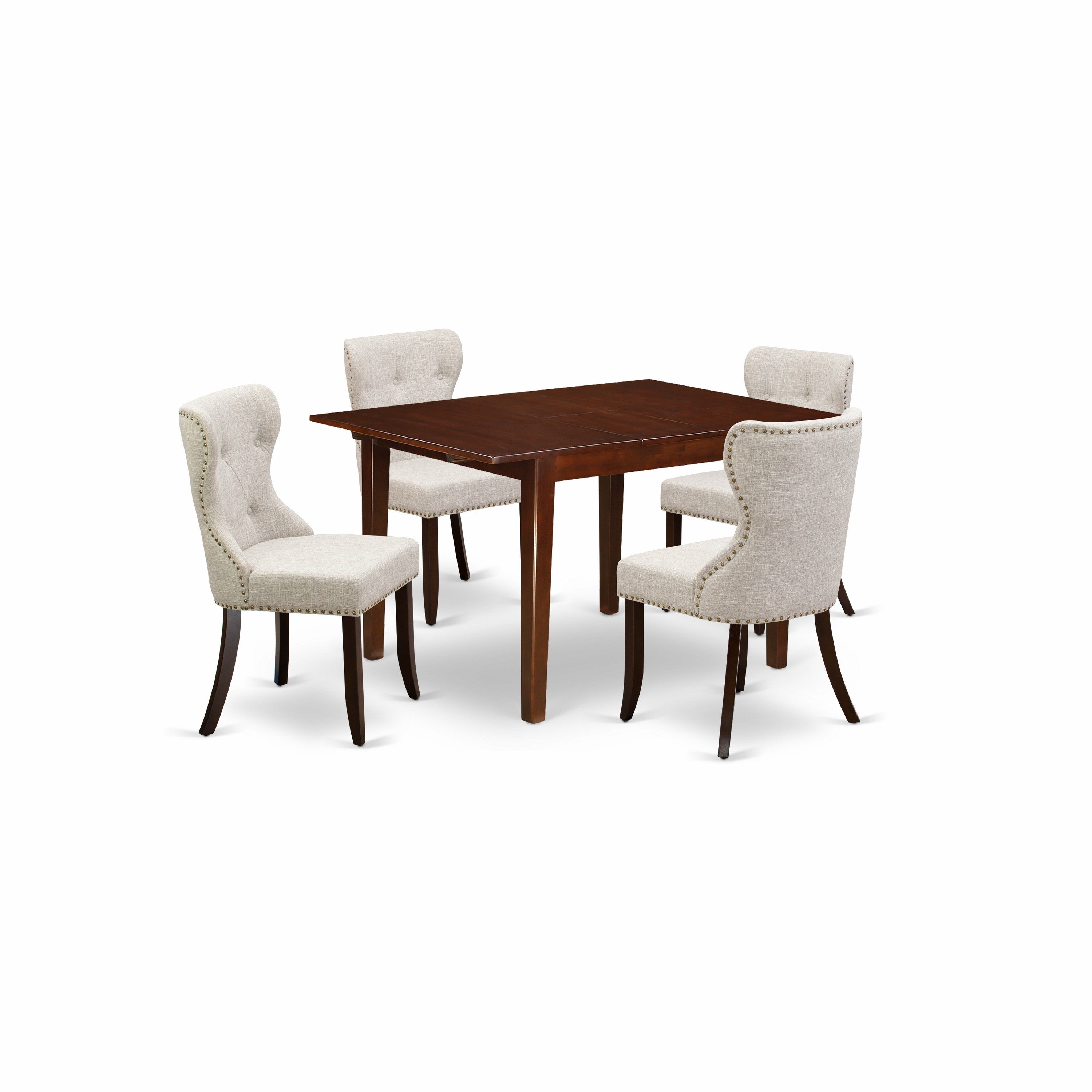 El juego de mesa de comedor de 5 piezas East West Furniture MLSI5-MAH-35 incluye una mesa de cocina rectangular con diseño de hojas de mariposa y 4 sillas tapizadas en tela de lino y piel de venado.