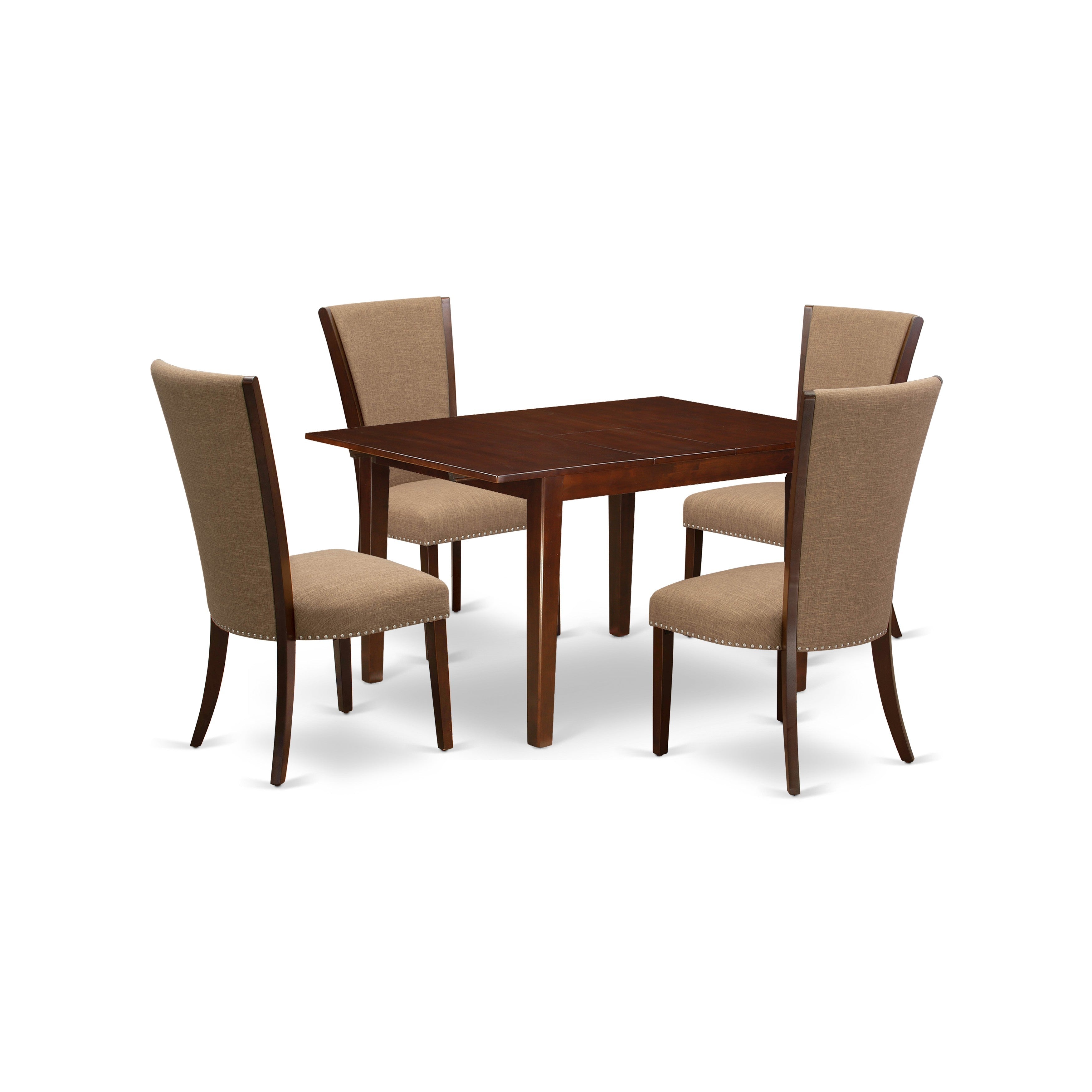 El juego de comedor de 5 piezas East West Furniture MLVE5-MAH-47 incluye una mesa rectangular de madera con diseño de hojas de mariposa y 4 sillas de comedor Parsons de tela de lino color sable claro.