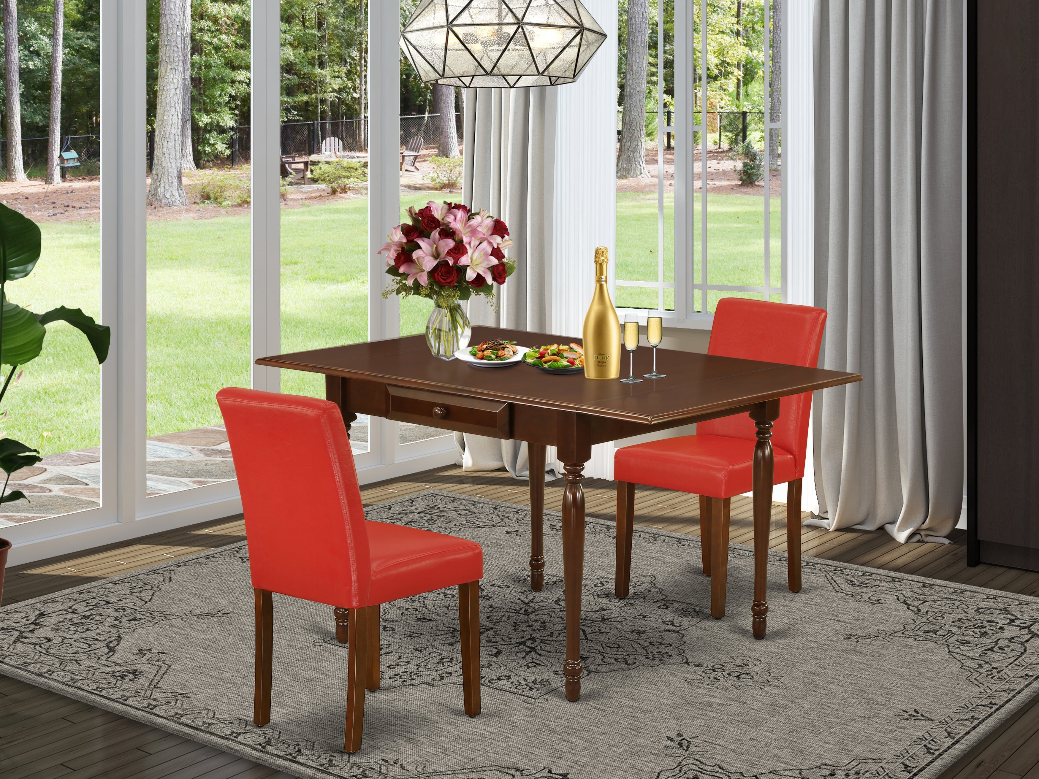 1MZAB3-MAH-72 3Pc Dinette Sets for Small Spaces Consists of a Wood Dining Table and 2 Parsons Dining Chairs with Firebrick Red Color PU Leather, Drop Leaf Table with Full Back Chairs, Mahogany Finish