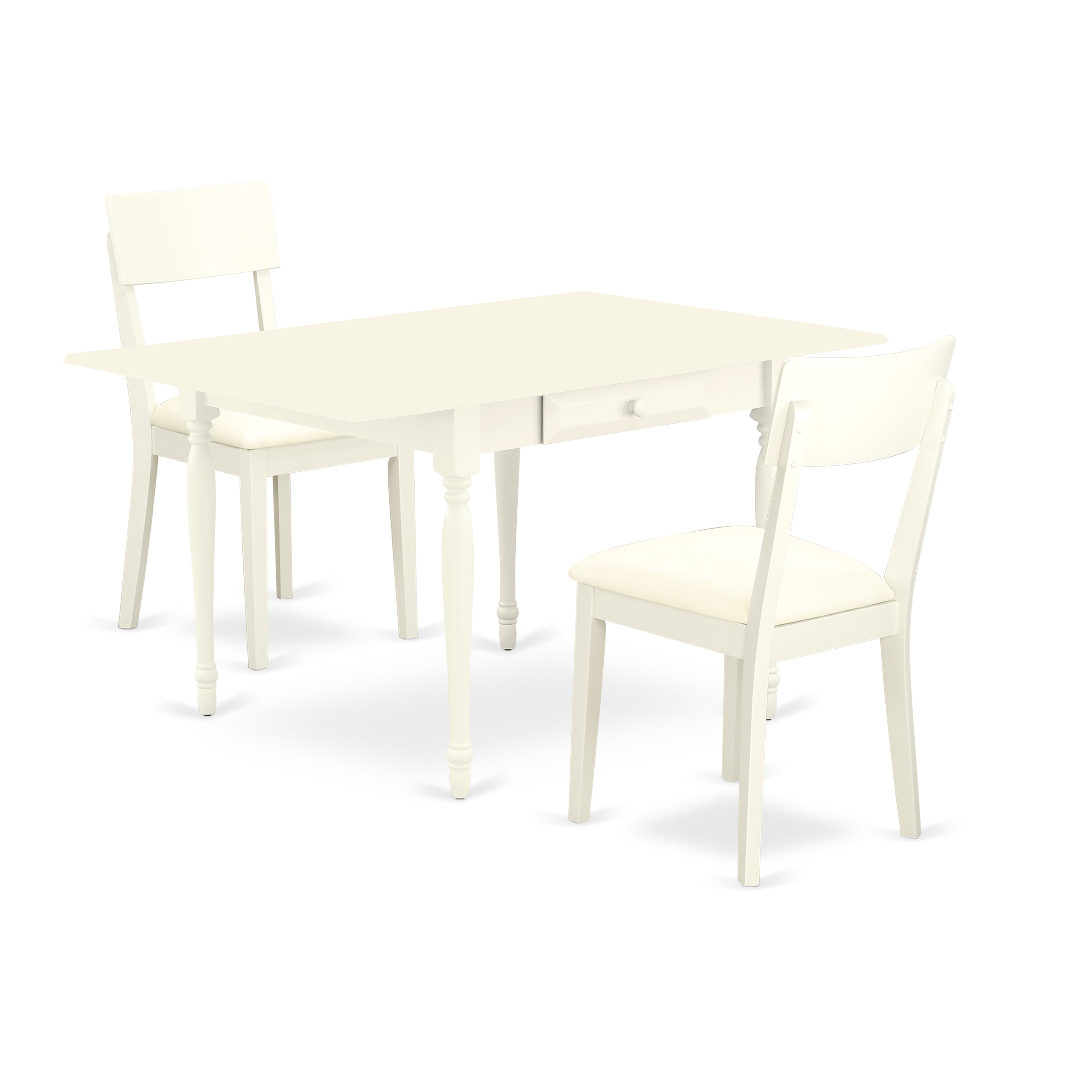 Juego de mesa de cocina de 3 piezas East West Furniture MZAD3-LWH-LC para espacios pequeños. Incluye una mesa de comedor rectangular con alas abatibles y dos sillas tapizadas en piel sintética.