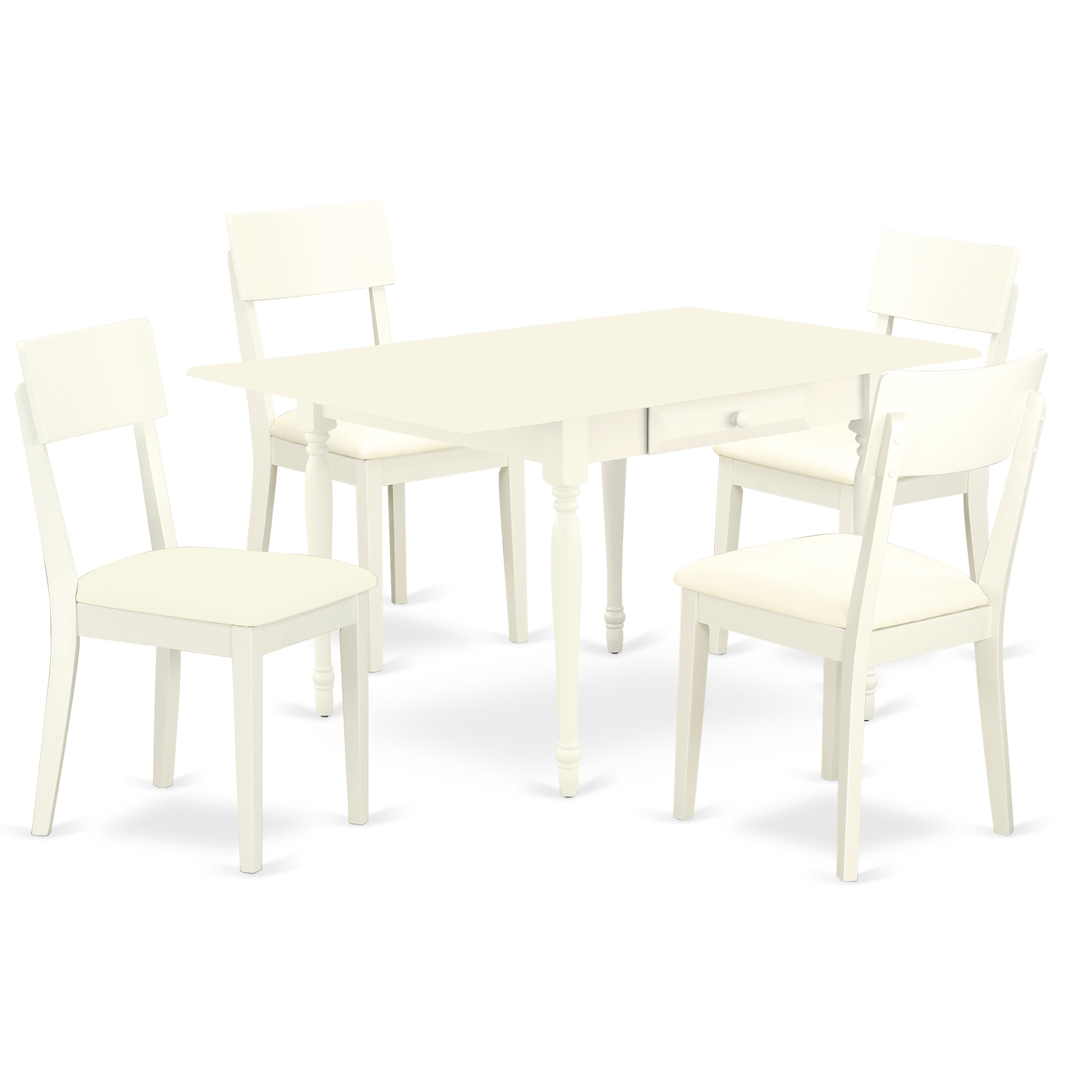 Juego de mesa y sillas de cocina de 5 piezas MZAD5-LWH-LC de East West Furniture. Incluye una mesa de comedor rectangular con alas abatibles y 4 sillas tapizadas en piel sintética.