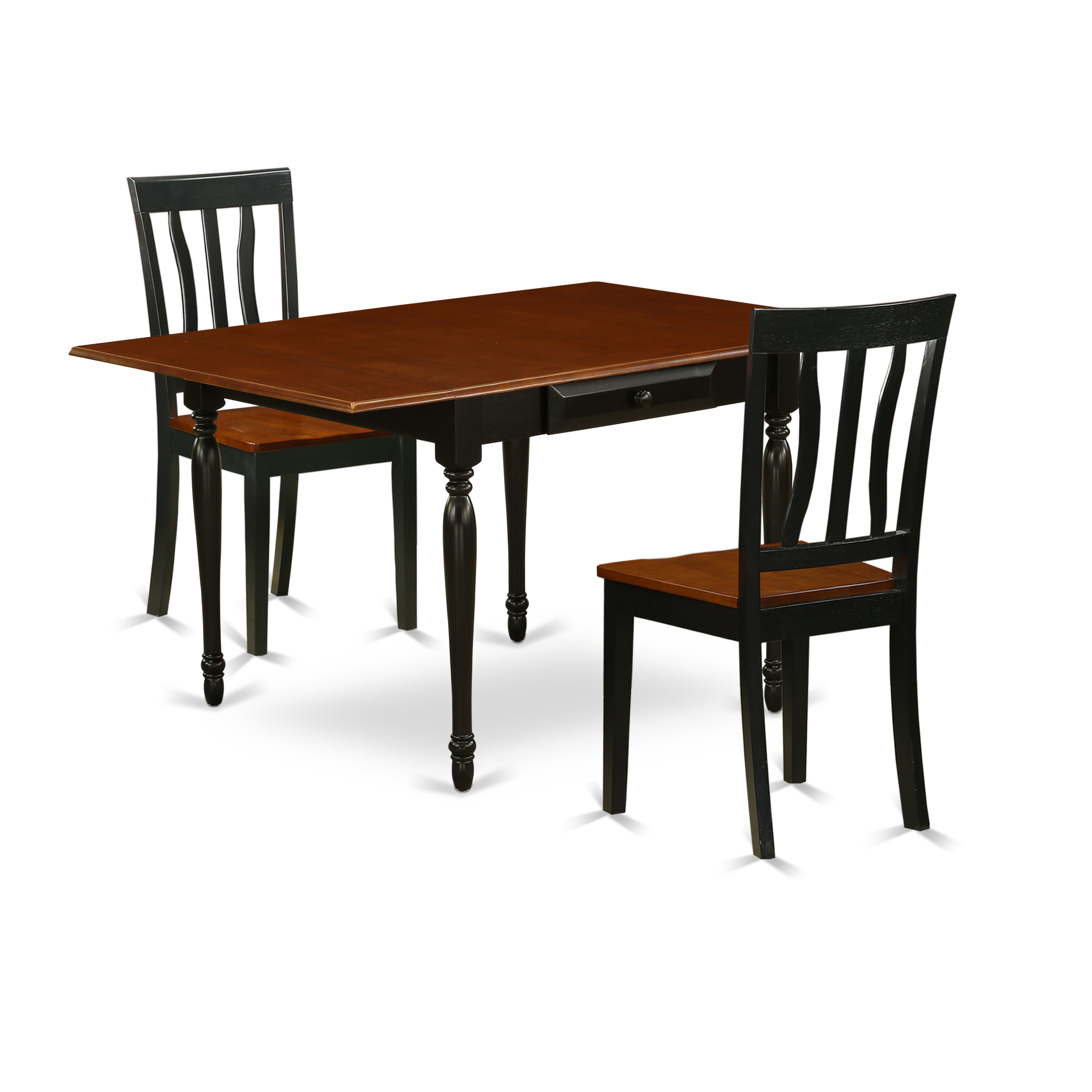 East West Furniture MZAN3-BCH-W 3Pc Dining Table Set Includes a Wood Dining Table and 2 Kitchen Chairs with Solid Wood Seat, Drop Leaf Table with Slat Back Chairs, Black and Cherry Finish