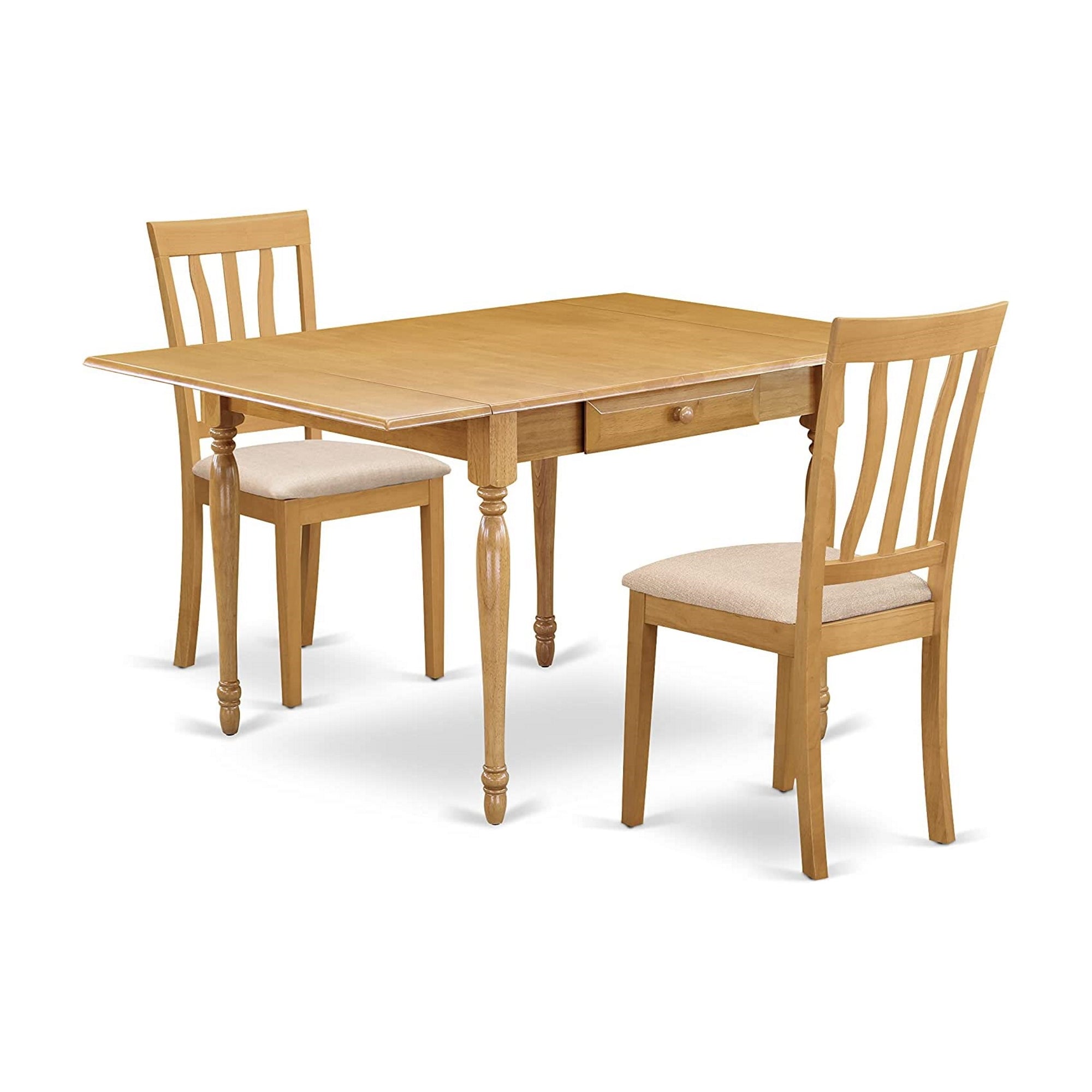East West Furniture MZAN3-OAK-C 3Pc Dining Room Table Set Includes a Dining Table and 2 Dining Chairs with Linen Fabic Seat, Drop Leaf Table with Slat Back Chairs, Oak Finish