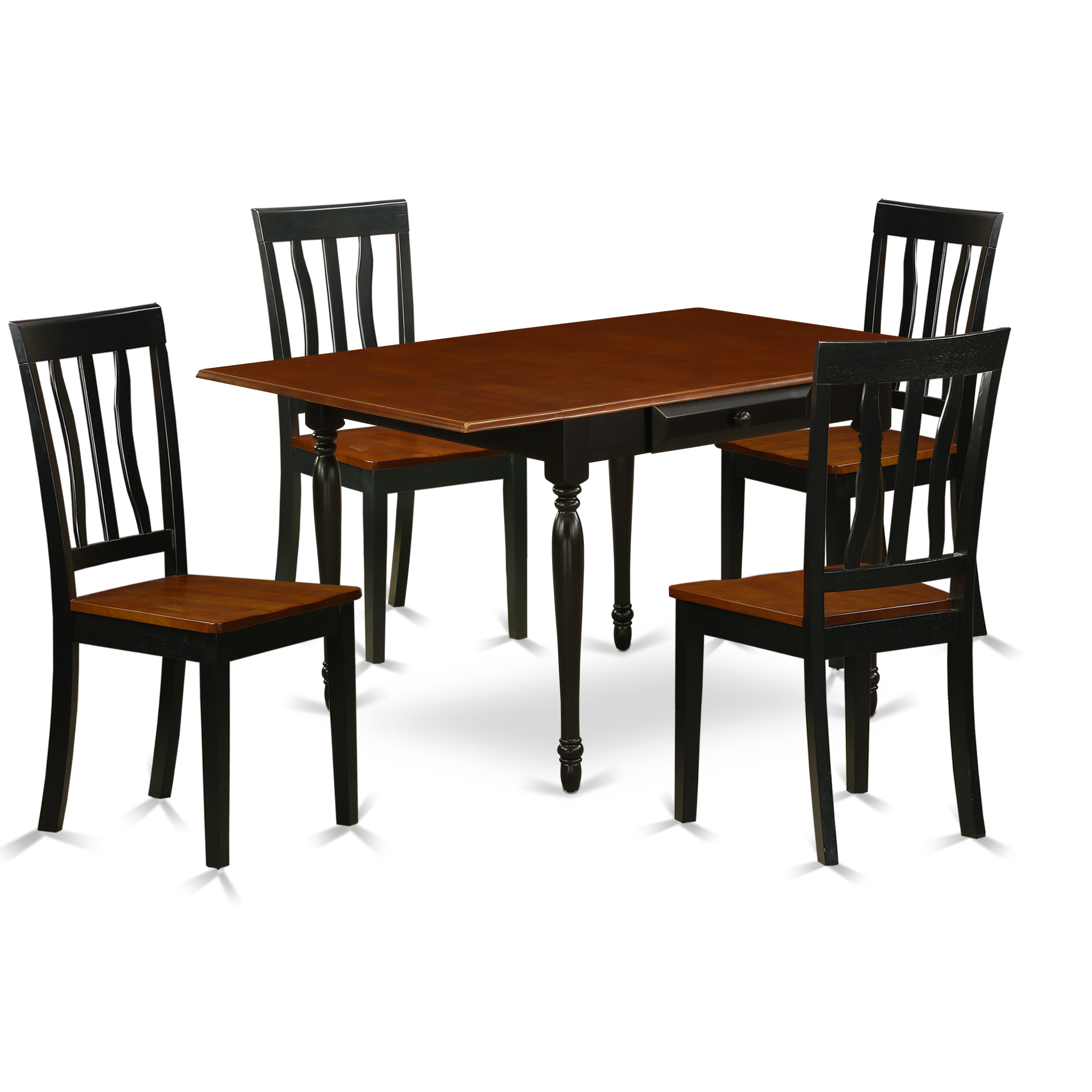 East West Furniture MZAN5-BCH-W 5Pc Kitchen Table Set Includes a Kitchen Table and 4 Kitchen Chairs with Solid Wood Seat, Drop Leaf Table with Slat Back Chairs, Black and Cherry Finish