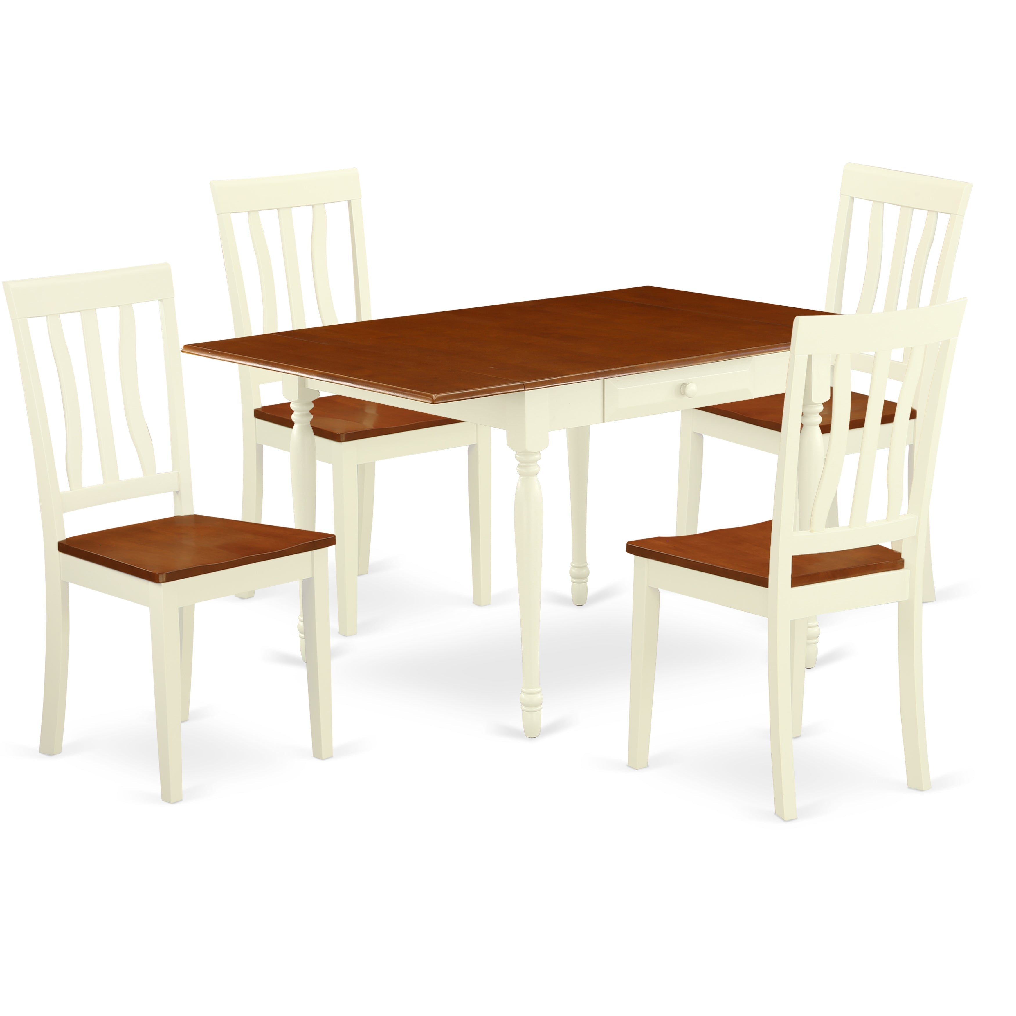 East West Furniture MZAN5-WHI-W 5Pc Dining Set Consists of a Rectangular Table and 4 Kitchen Chairs with Solid Wood Seat, Drop Leaf Table with Slat Back Chairs, Buttermilk and Cherry Finish