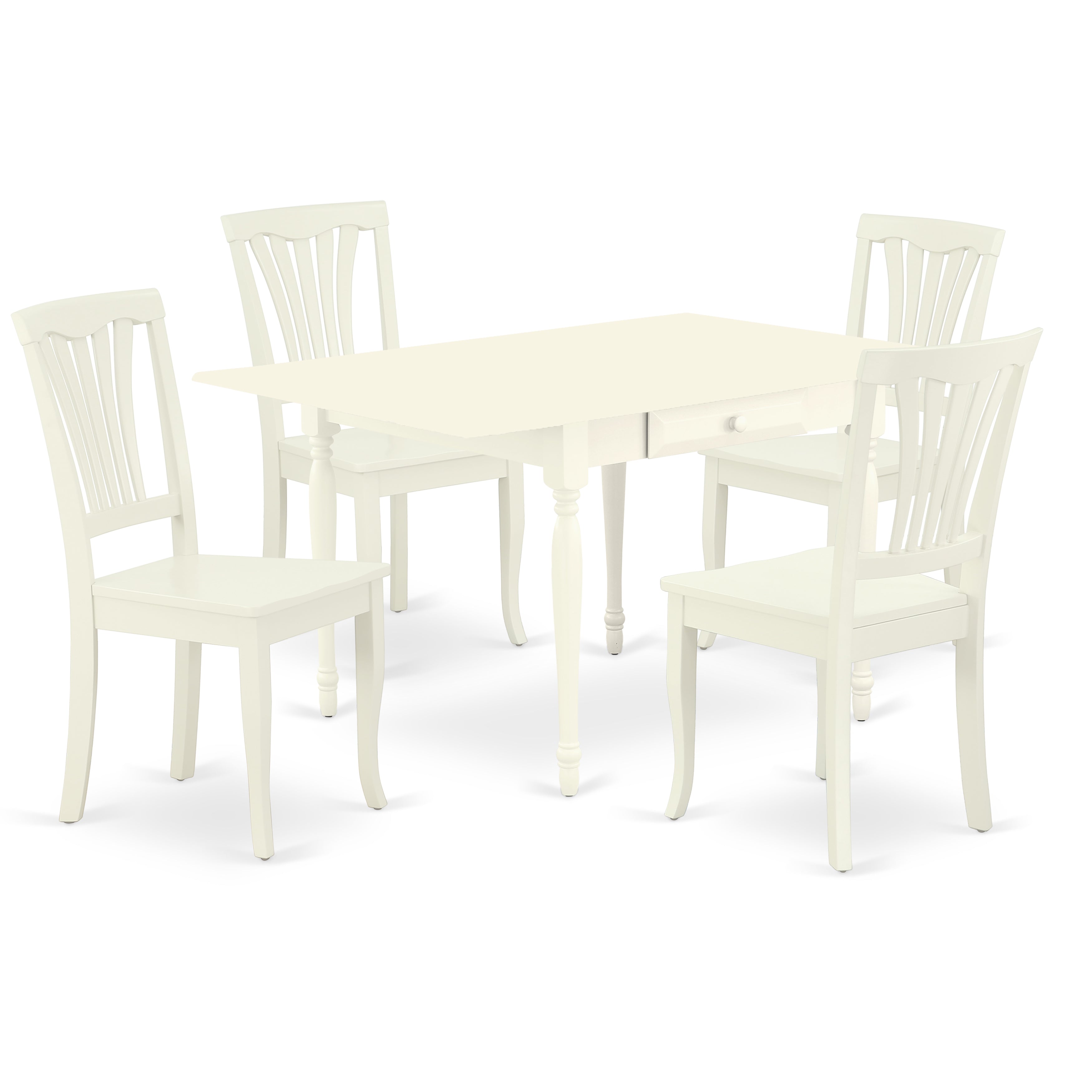 East West Furniture MZAV5-LWH-W 5Pc Kitchen Set Includes a Rectangular Table and 4 Dining Room Chairs with Wooden Seat, Drop Leaf Table with Slat Back Chairs, Linen White Finish