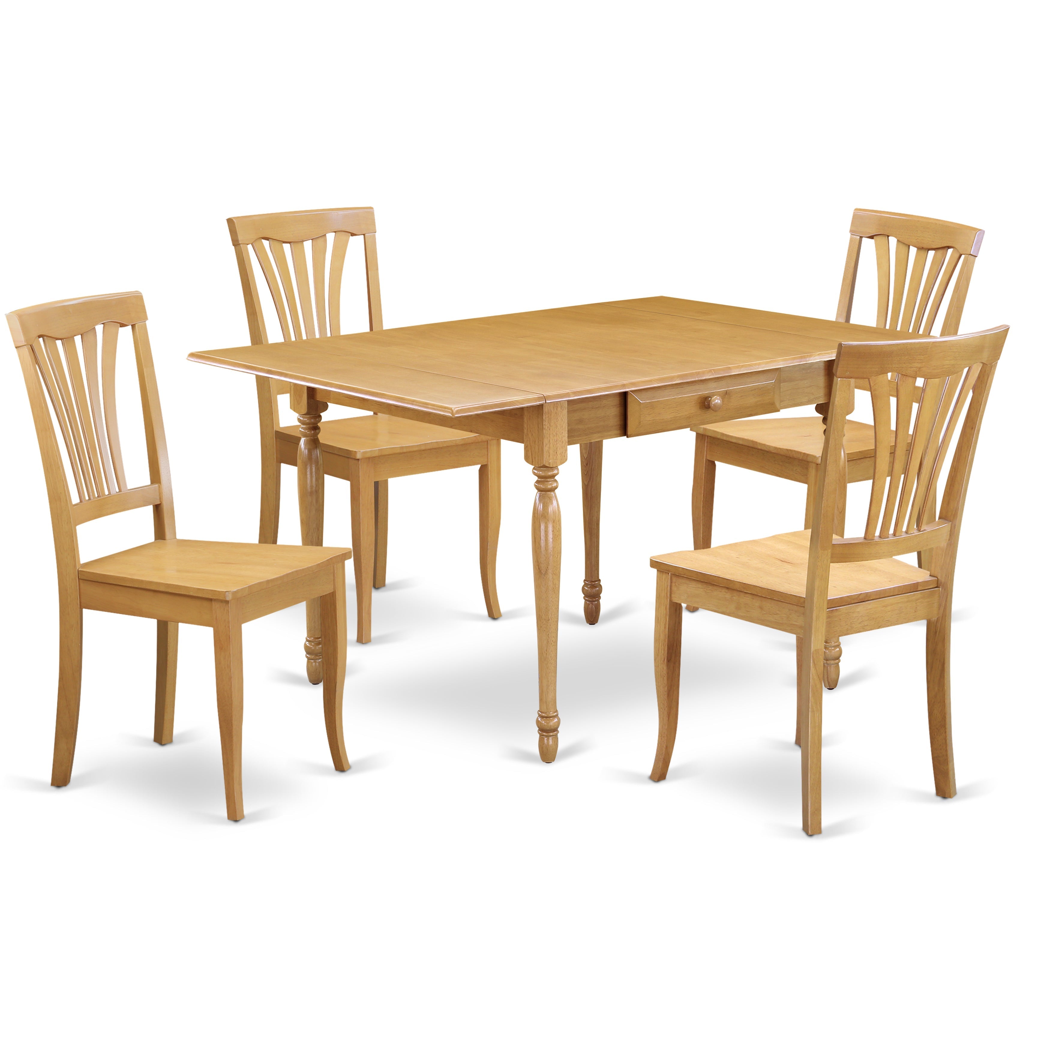 East West Furniture MZAV5-OAK-W 5Pc Modern Dining Table Set Offers a Small Dining Table and 4 Dining Room Chairs with Solid Wood Seat, Drop Leaf Table with Slat Back Chairs, Oak Finish