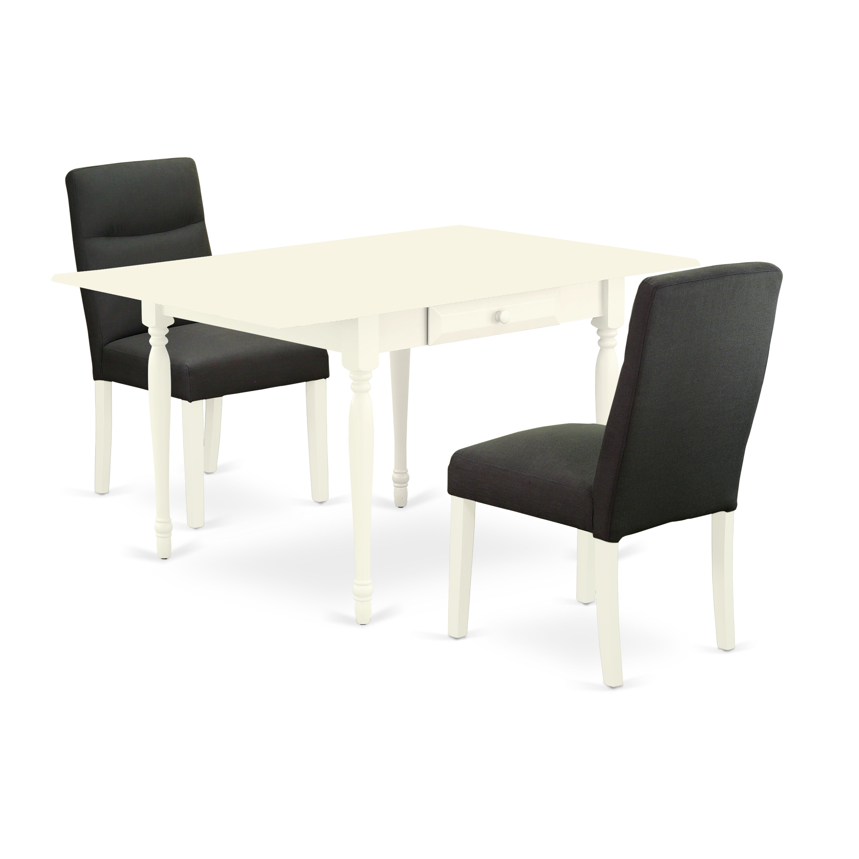 East West Furniture MZBE3-LWH-20 3Pc Dining Table Set Contains a Modern Dining Table and 2 Parson Dining Chairs with Dark Gotham Grey Color Linen Fabric, Drop Leaf Table with Full Back Chairs, Linen White Finish