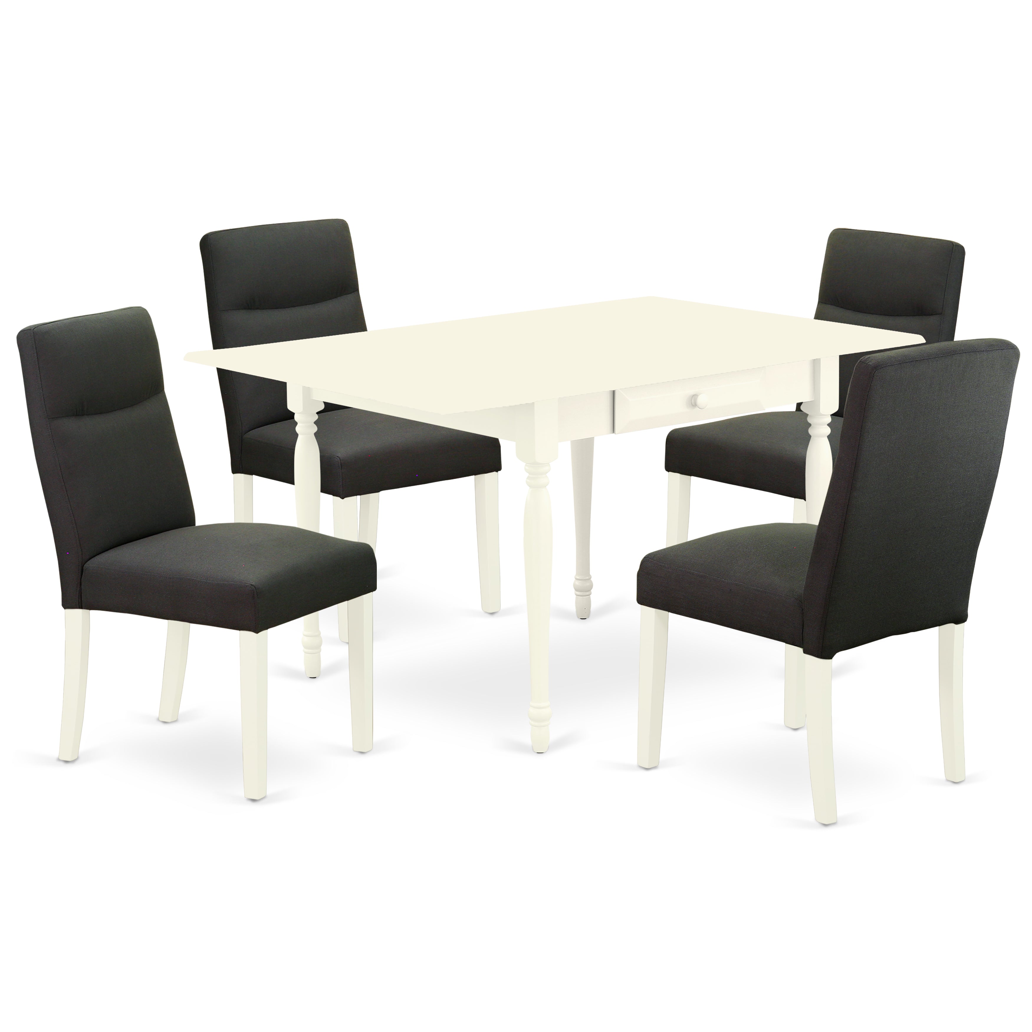East West Furniture MZBE5-LWH-20 5Pc Dinette Sets for Small Spaces Offers a Small Kitchen Table and 4 Parson Chairs with Dark Gotham Grey Color Linen Fabric, Drop Leaf Table with Full Back Chairs, Linen White Finish