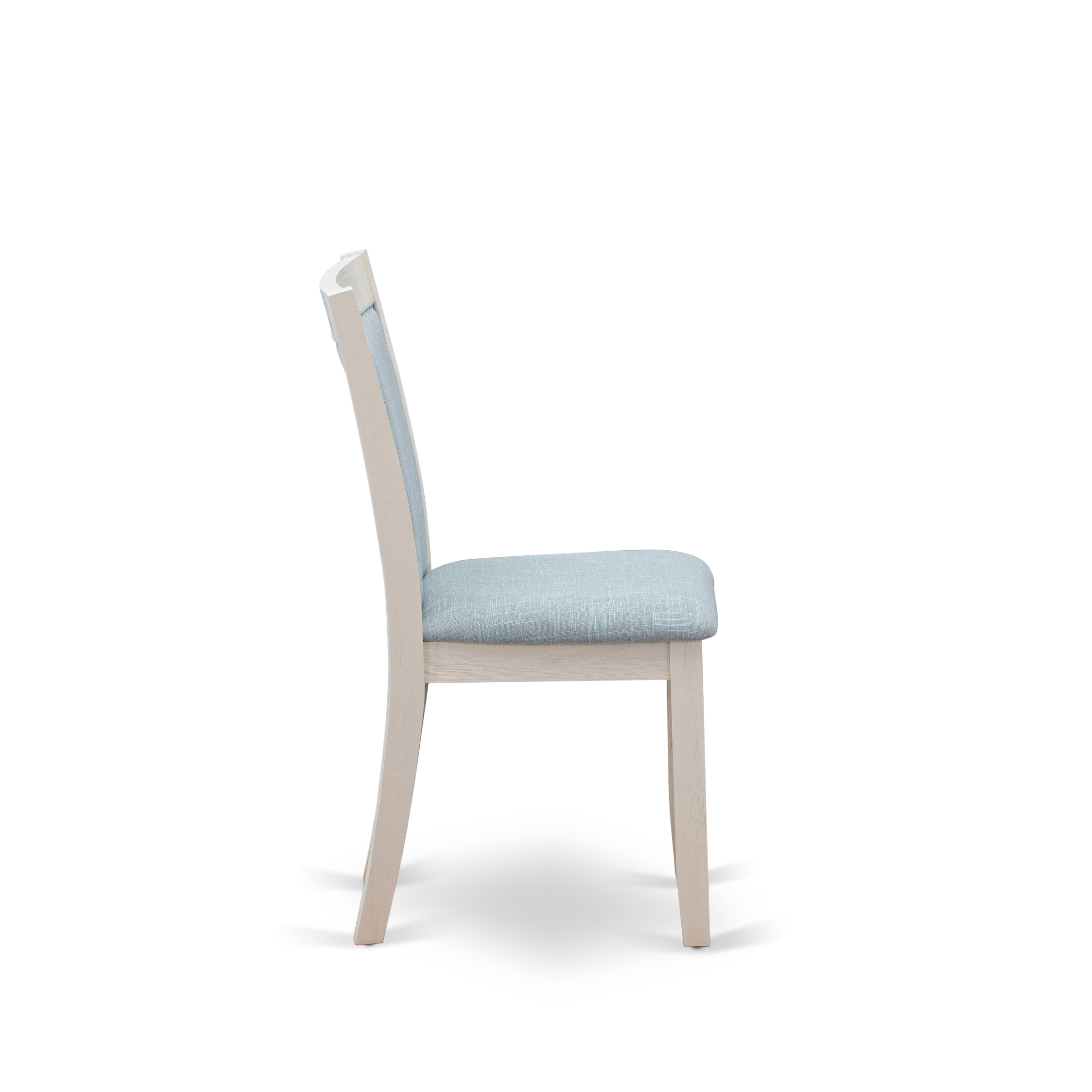 East West Furniture MZC0T15 Monza Dining Room Chairs Set of 2 - Baby Blue Linen Fabric Seat and High Chair Back - Wire Brushed linen white Finish (SET OF 2)