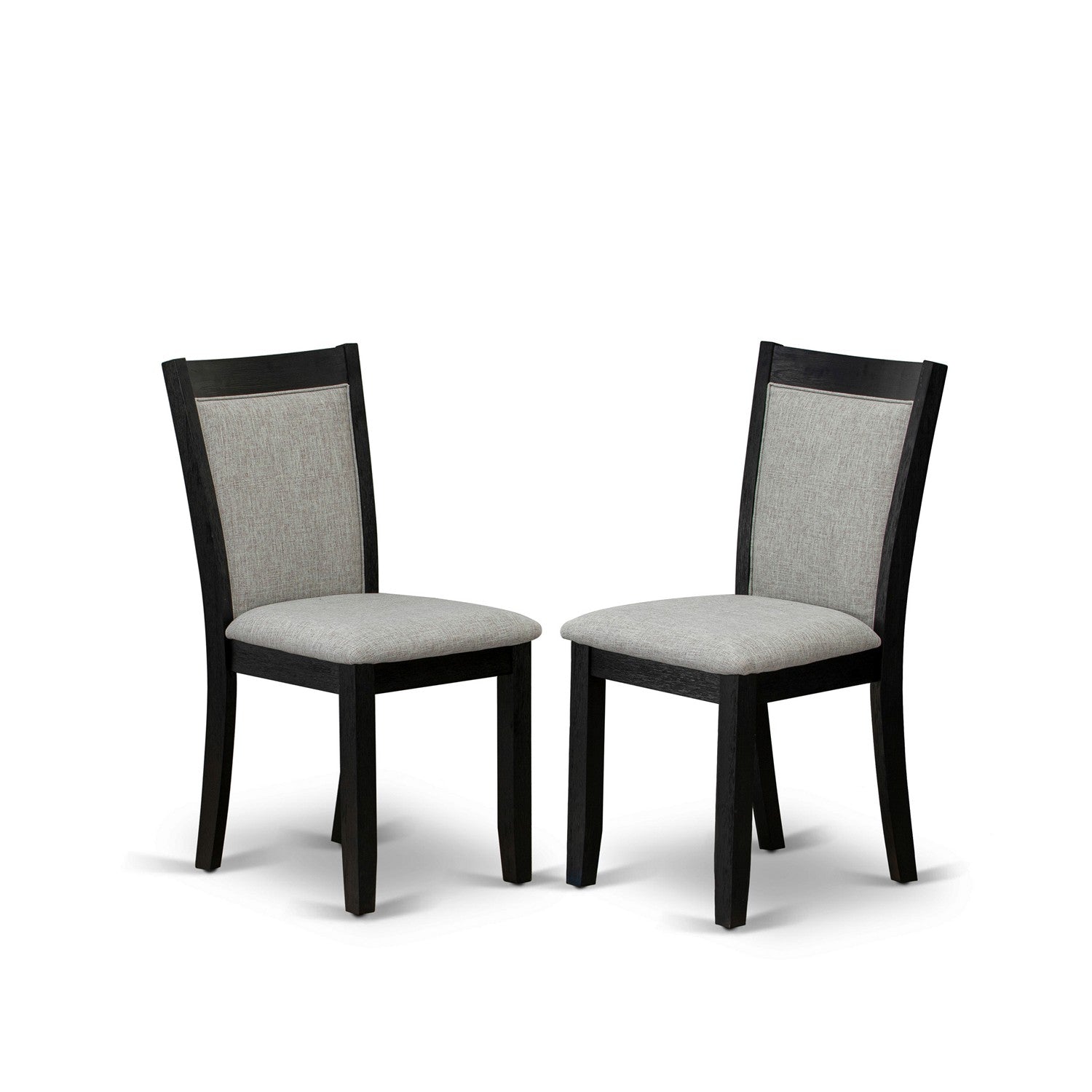 East West Furniture V677MZ606-7 7 Piece Mid Century Dining Set - Distressed Jacobean Top Dining Room Table with Trestle Base and 6 Shitake Linen Fabric Dining Chairs - Wire Brushed Black Finish