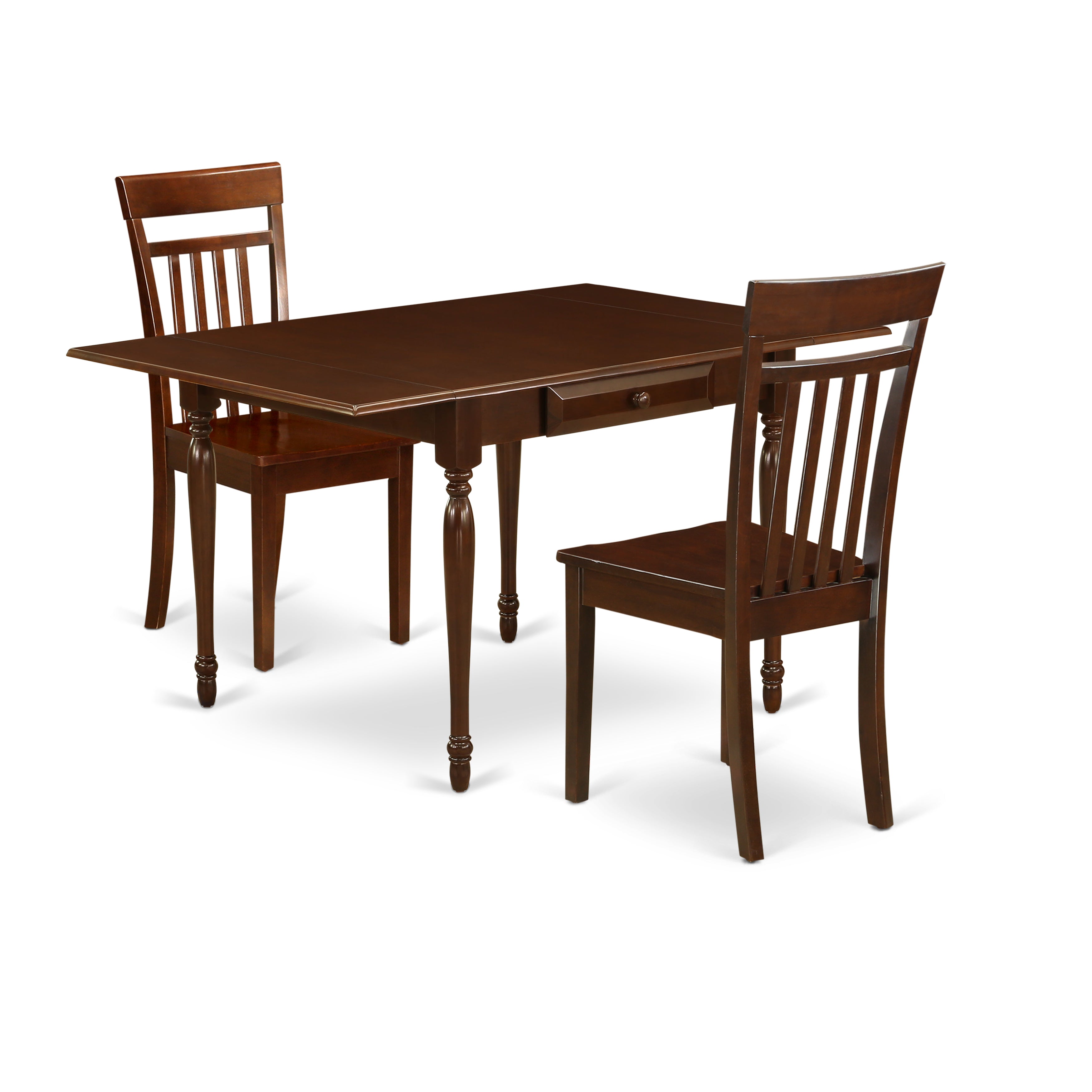 Juego de mesa de comedor de 3 piezas East West Furniture MZCA3-MAH-W para espacios pequeños. Incluye una mesa de comedor rectangular con alas abatibles y dos sillas con asiento de madera.