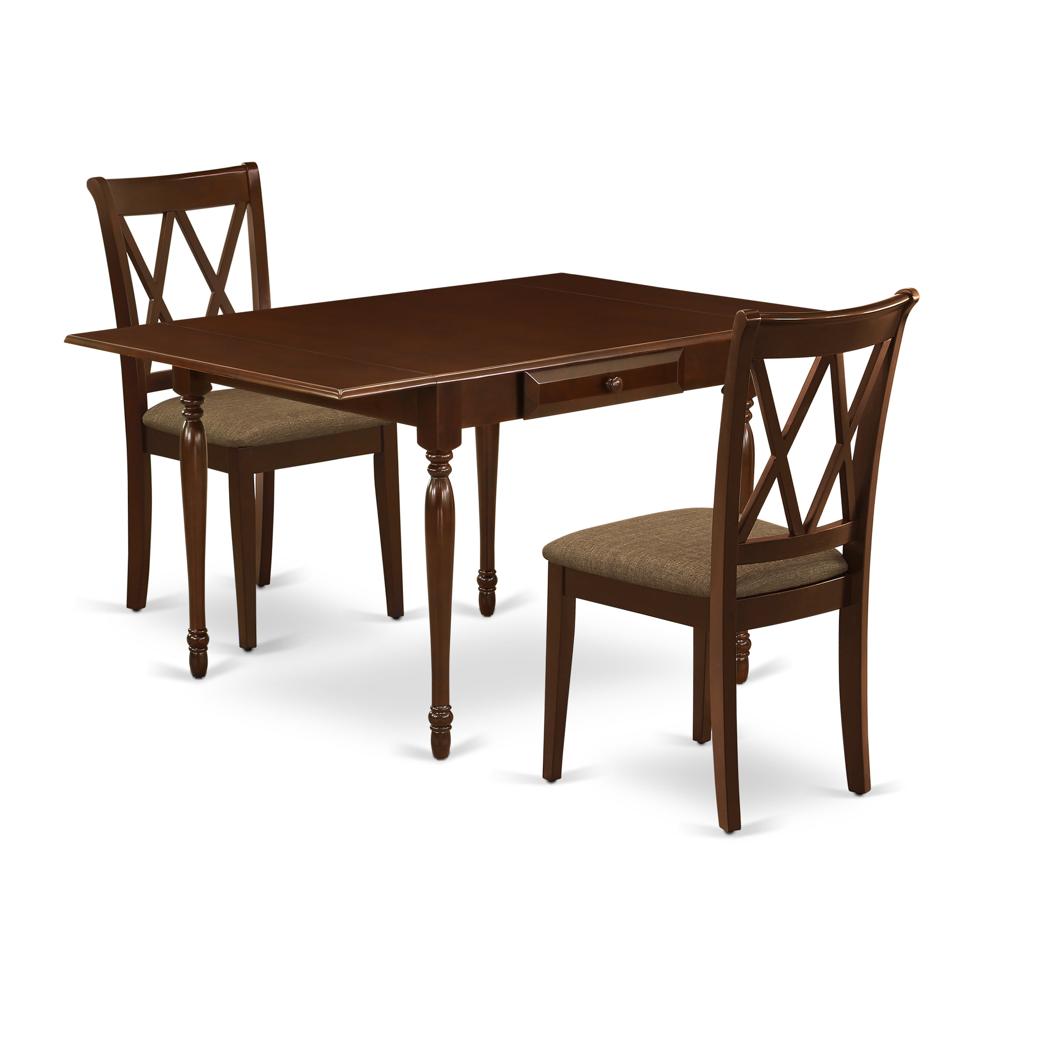 East West Furniture MZCL3-MAH-C 3Pc Dining Table Set for 2 Includes a Dining Room Table and 2 Dining Chairs with Linen Fabic Seat, Drop Leaf Table with Double X Back Chairs, Mahogany Finish