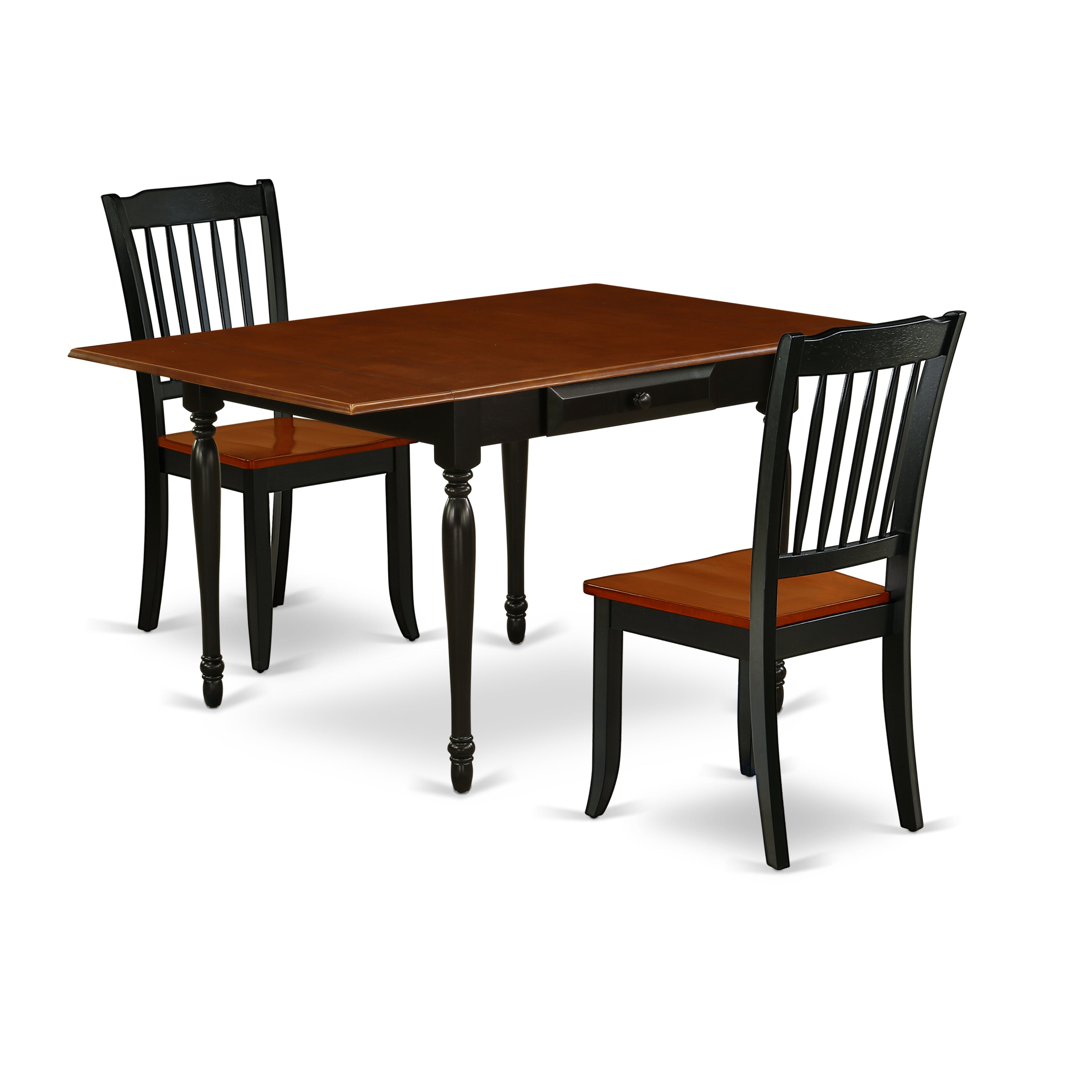 East West Furniture MZDA3-BCH-W 3Pc Dining Table Set Includes a Dining Table and 2 Wooden Dining Chairs with Solid Wood Seat, Drop Leaf Table with Slat Back Chairs, Black and Cherry Finish