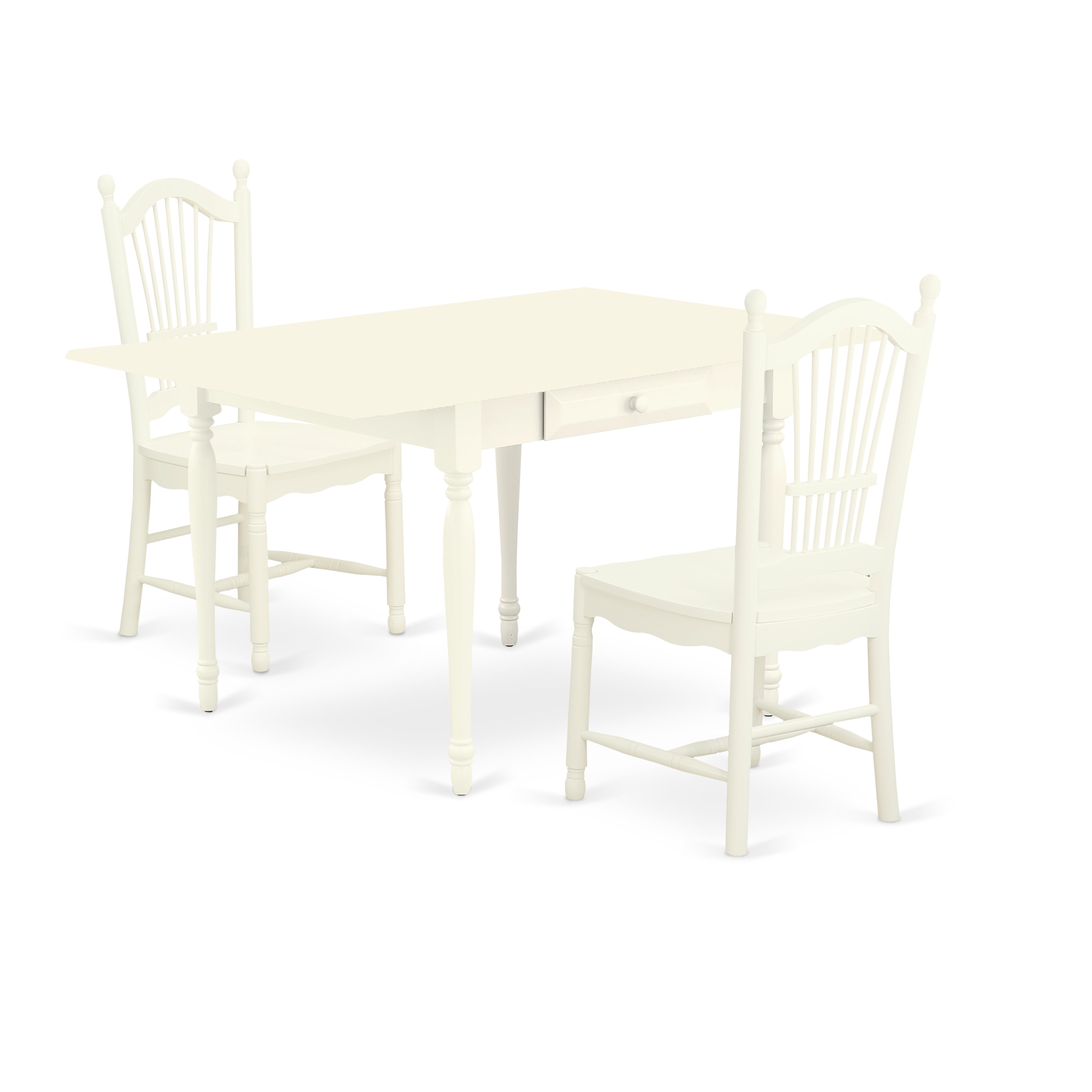 East West Furniture MZDO3-LWH-W 3Pc Dinette Sets for Small Spaces Consists of a Rectangle Table and 2 Kitchen Chairs with Solid Wood Seat, Drop Leaf Table with Panel Back Chairs, Linen White Finish