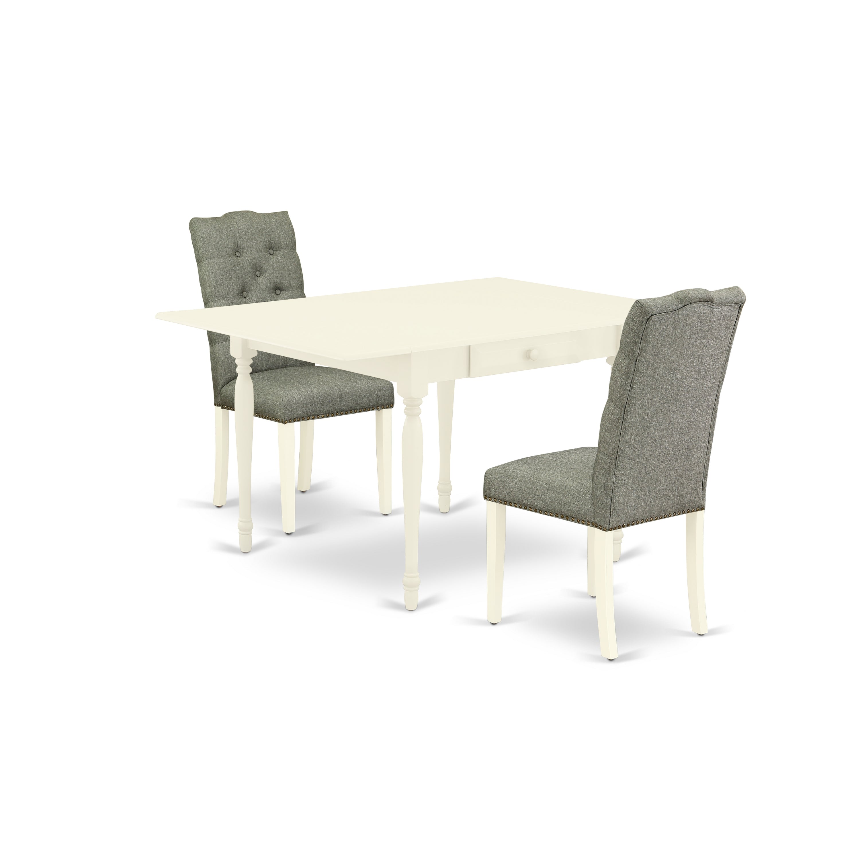 Juego de mesa de comedor moderna de 3 piezas East West Furniture MZEL3-LWH-07. Incluye una mesa rectangular de madera con alas abatibles y dos sillas de comedor Parson de tela de lino gris.