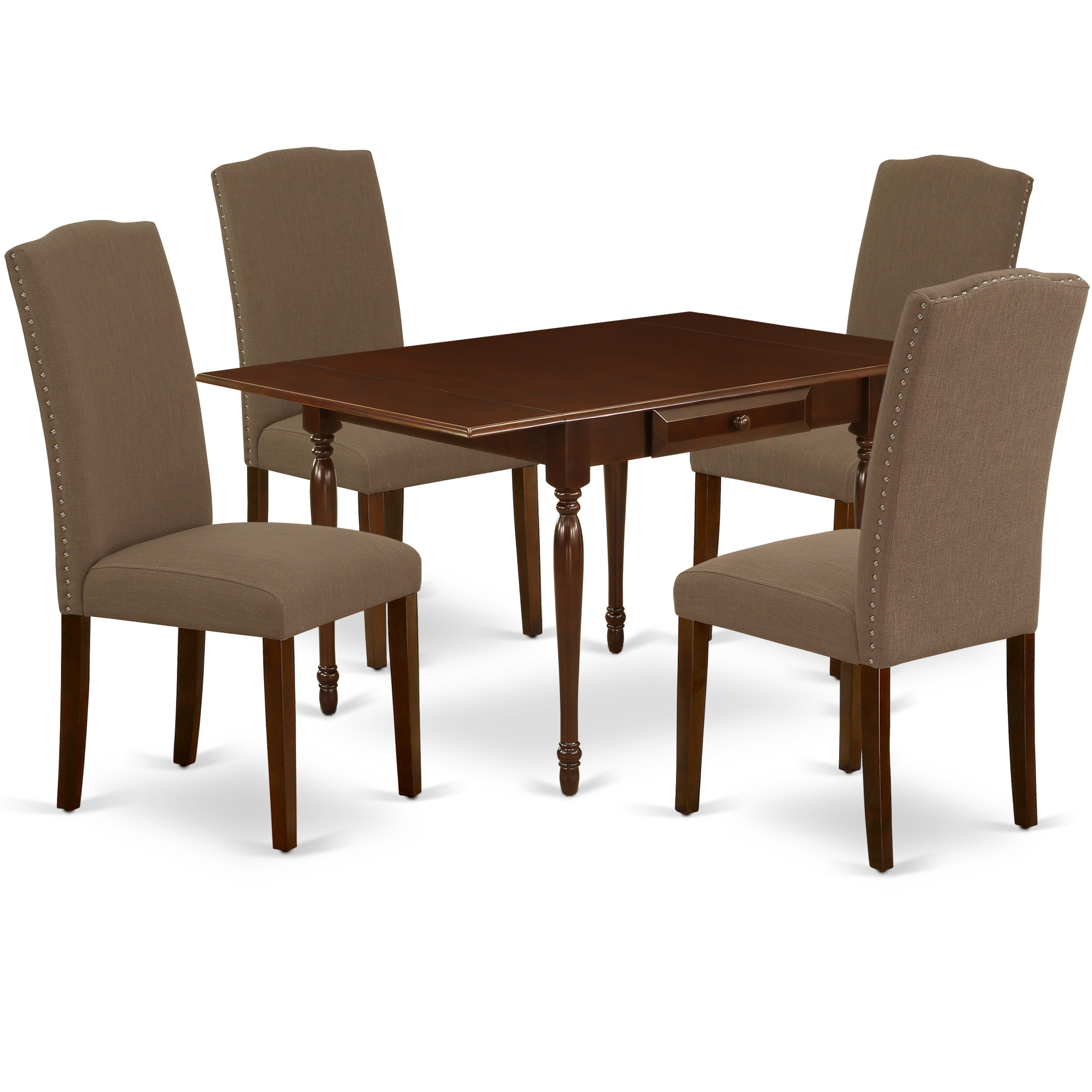 El juego de mesa de comedor moderno de 5 piezas East West Furniture MZEN5-MAH-18 incluye una mesa rectangular de madera con alas abatibles y 4 sillas de comedor Parson de tela de lino color café oscuro.