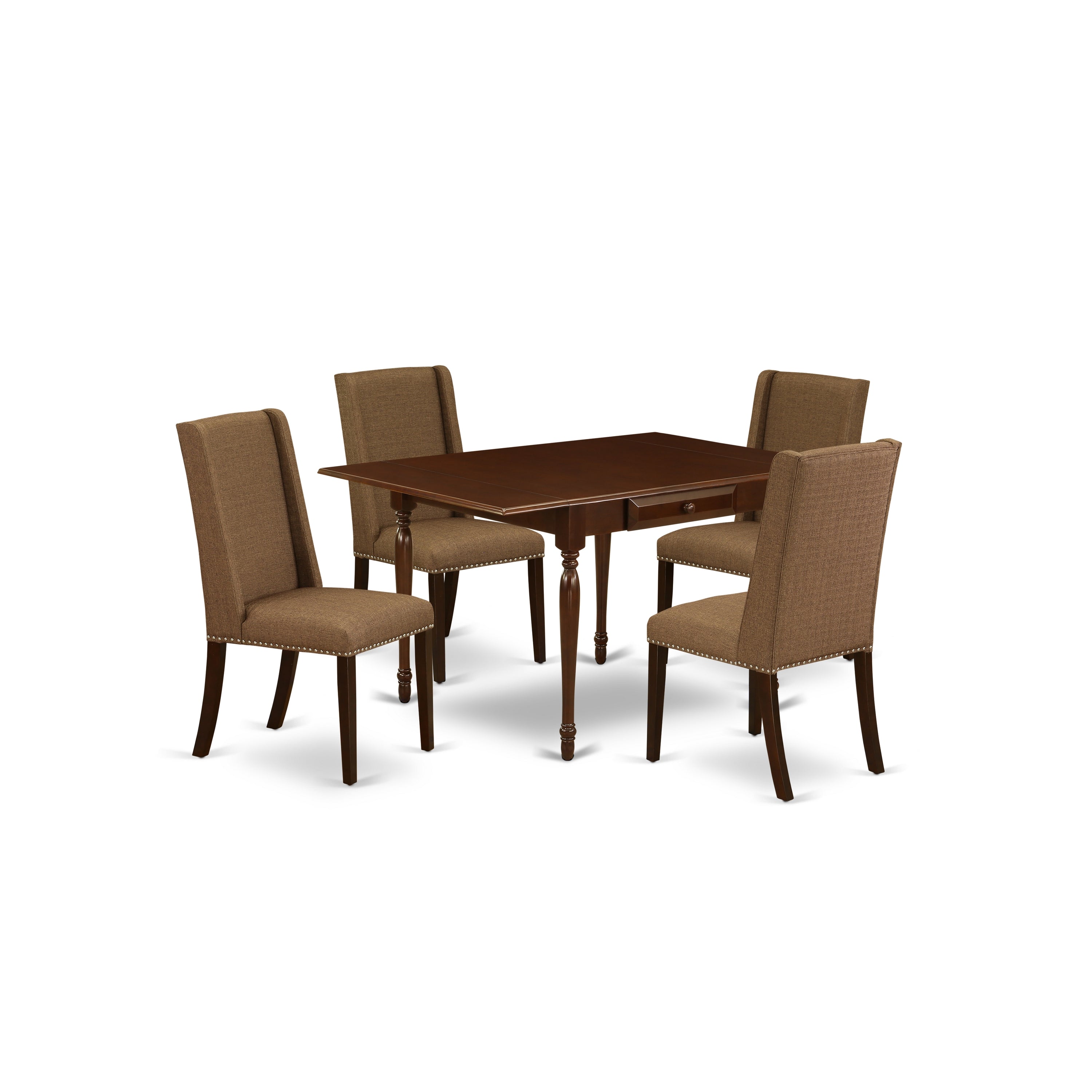 East West Furniture MZFL5-MAH-18 5-Pc kitchen set- 4 upholstered dining chairs and 2-drops leaf small dining table solid wood structure - High back & Mahogany Finish