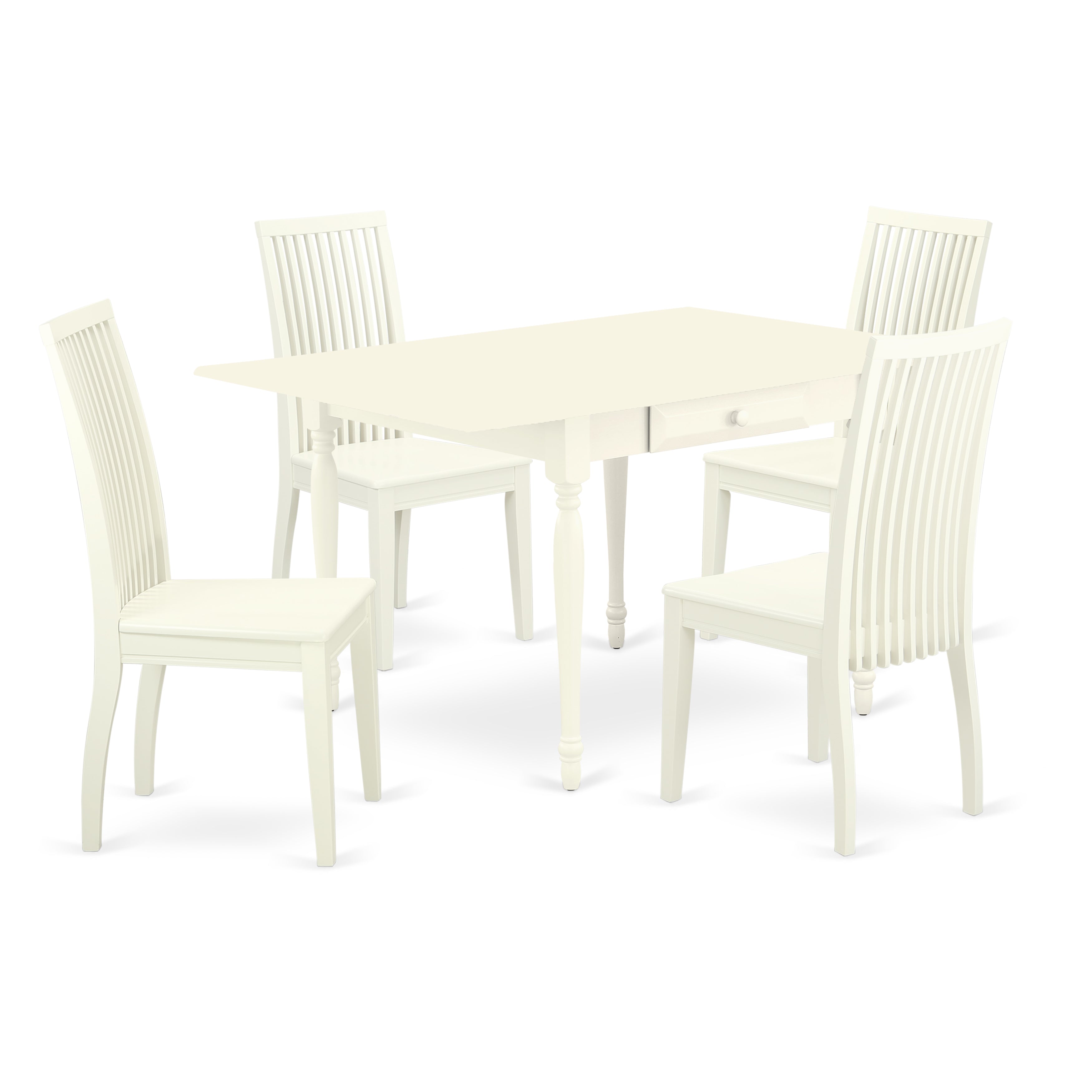 East West Furniture MZIP5-LWH-W 5 Pc Wood Dining Table set - Robust Two 9-Inch Drop Down Leaves Hardwood Dinette Table and 4 Wooden Seat Dining Chairs, Linen White Finish
