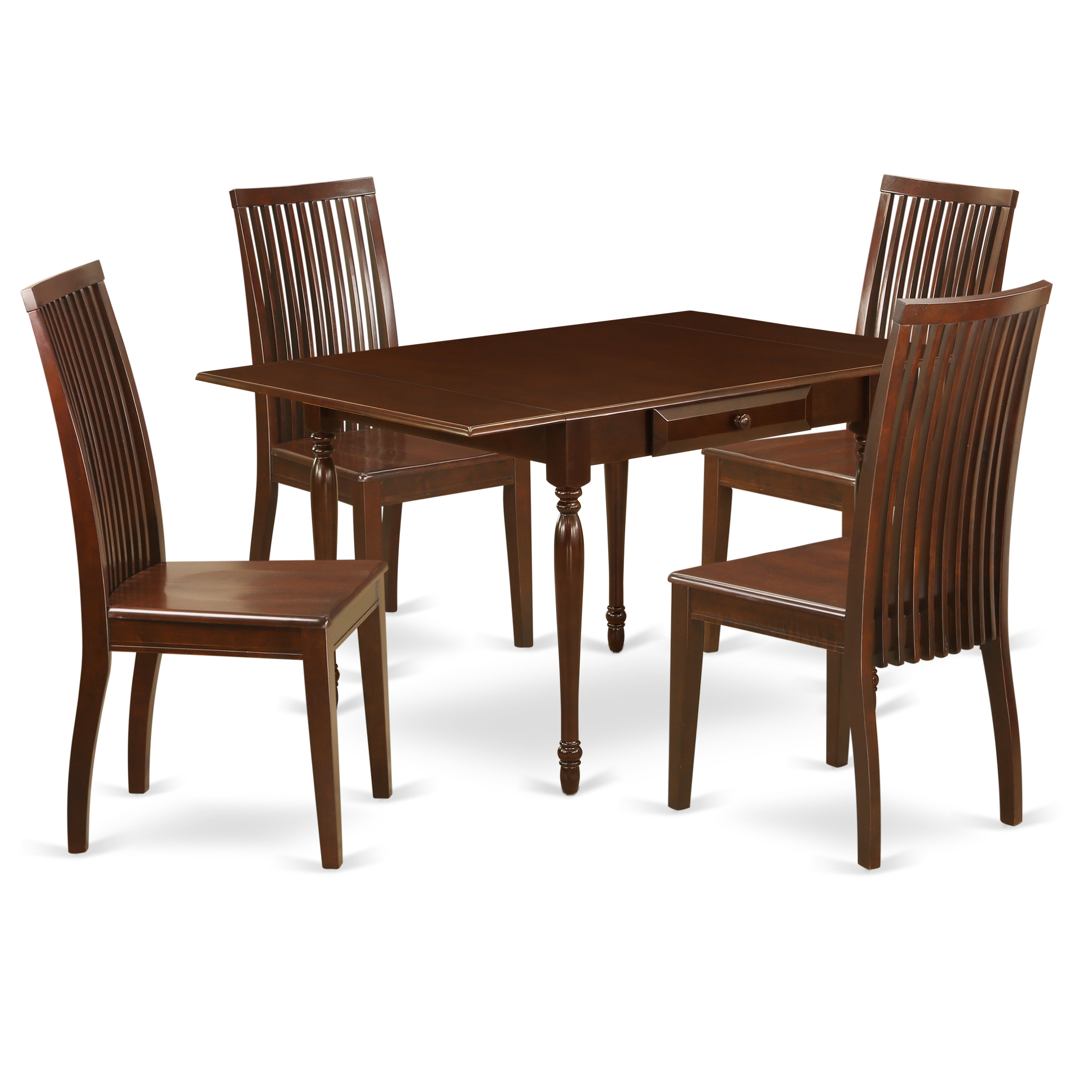 East West Furniture MZIP5-MAH-W 5 Pc Dinette set - Strong Two 9-Inch Drop Down Leaves Hardwood Rectangle Dining Table and 4 Real Wood Seat Wooden Dining Chairs, Mahogany Finish