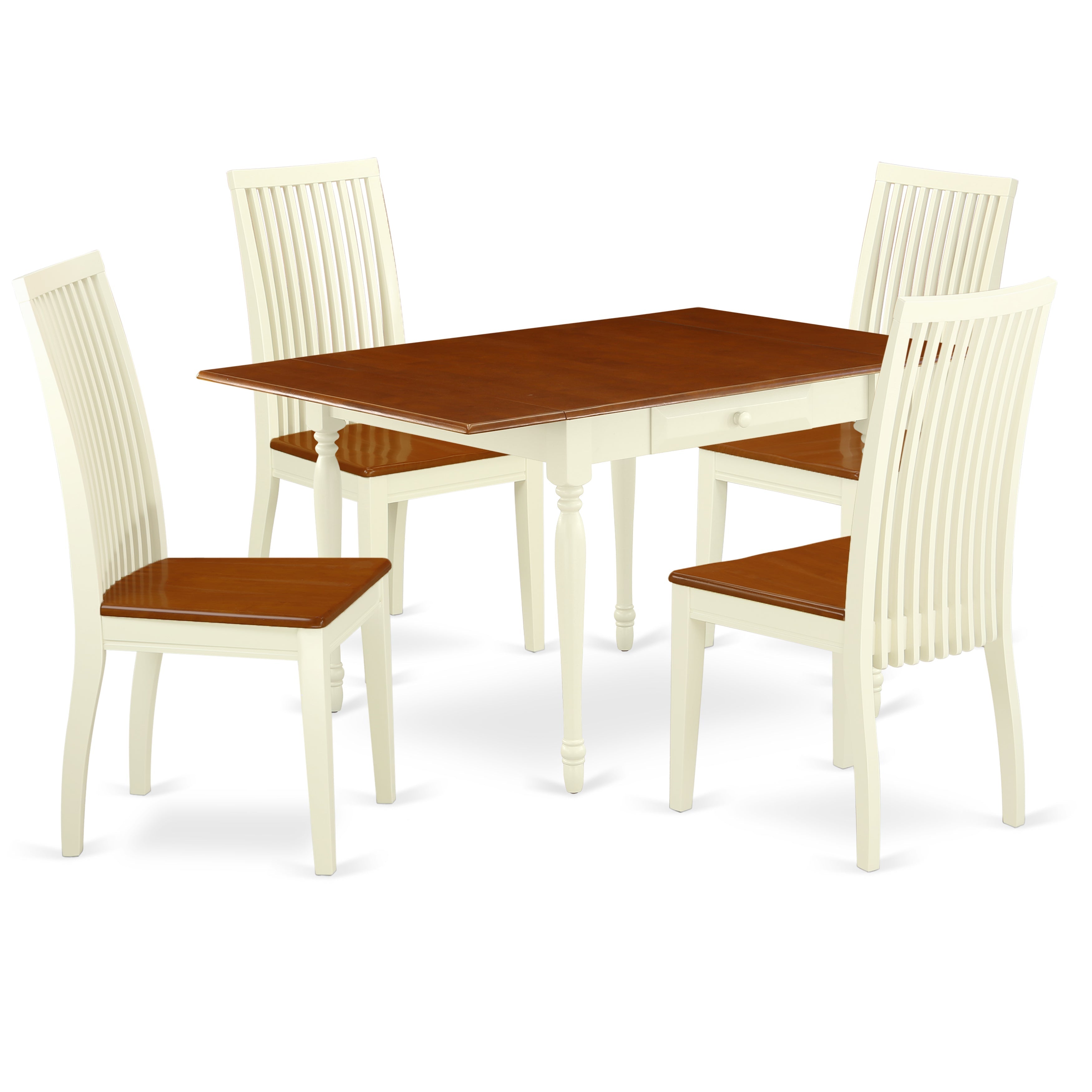 El juego de comedor de 5 piezas East West Furniture MZIP5-WHI-W incluye una mesa de comedor rectangular con alas abatibles y 4 sillas con asiento de madera.