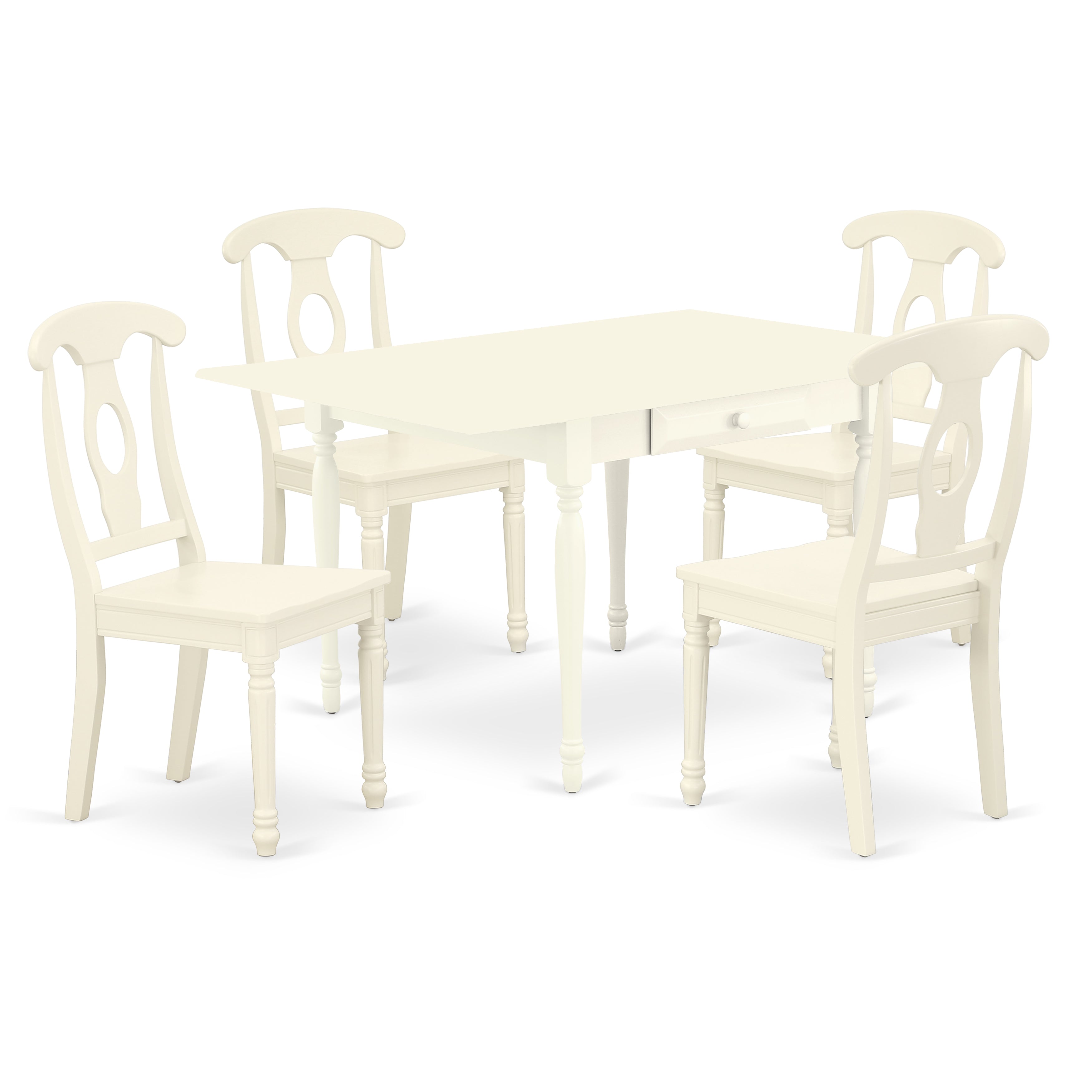 Juego de comedor de 5 piezas East West Furniture MZKE5-LWH-W. Incluye una mesa de cocina rectangular con alas abatibles y 4 sillas de comedor.