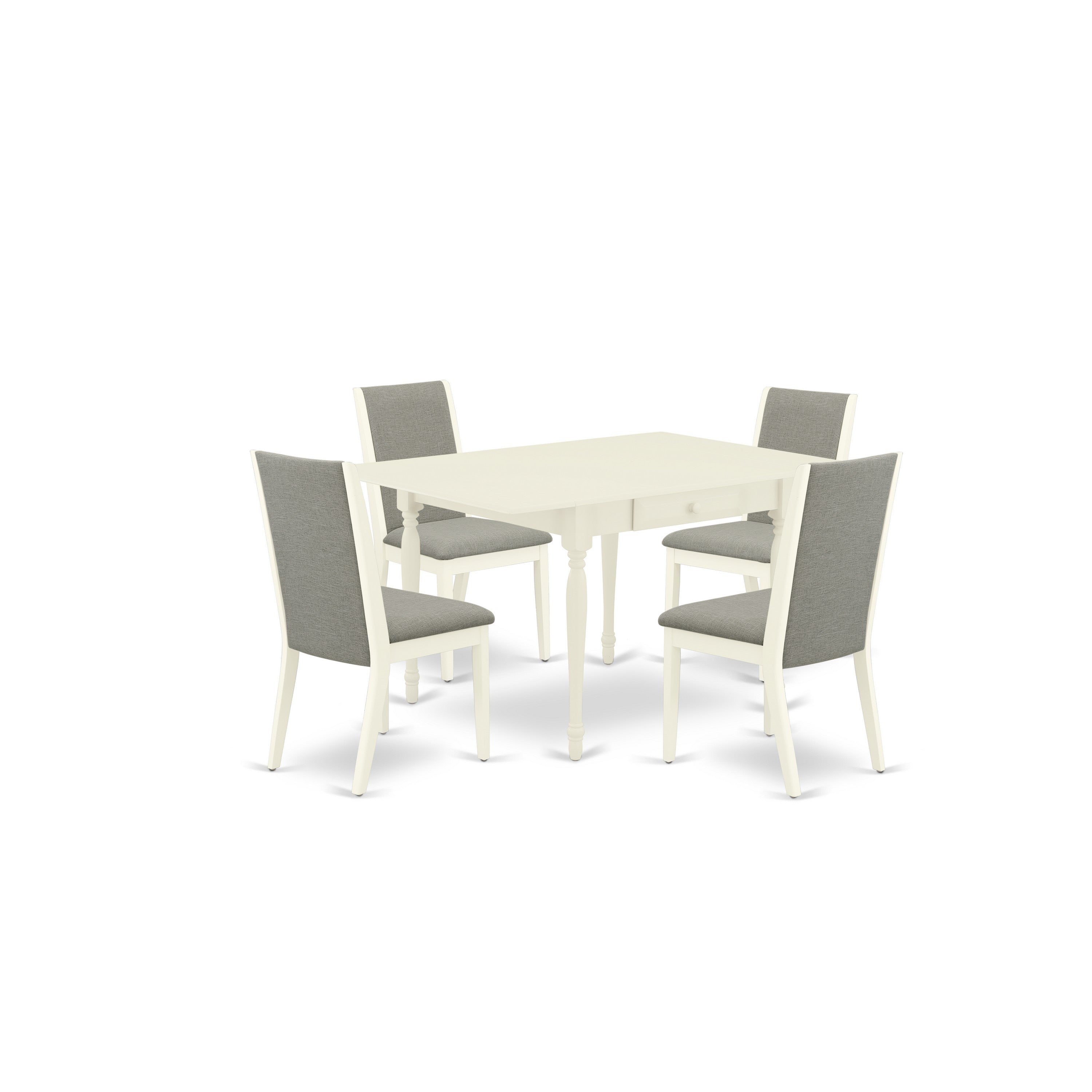 East-West Furniture MZLA5-LWH-06 5-Piece Dining Room Table Set- 4 Parson Chairs and Drops Leaf Table Hardwood Frame -High Back & Linen White Finish