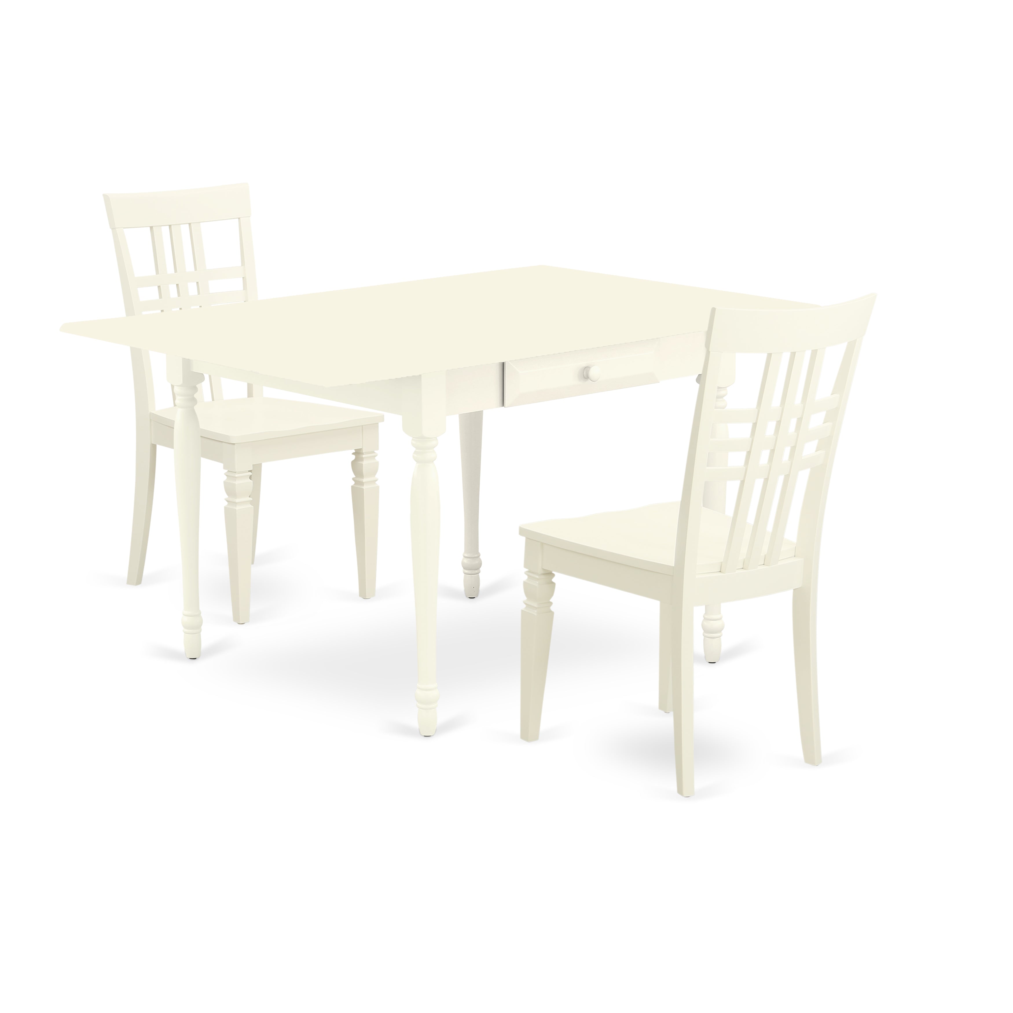 Juego de comedor de 3 piezas East West Furniture MZLG3-LWH-W. Incluye una mesa de comedor rectangular con alas abatibles y dos sillas con asiento de madera.