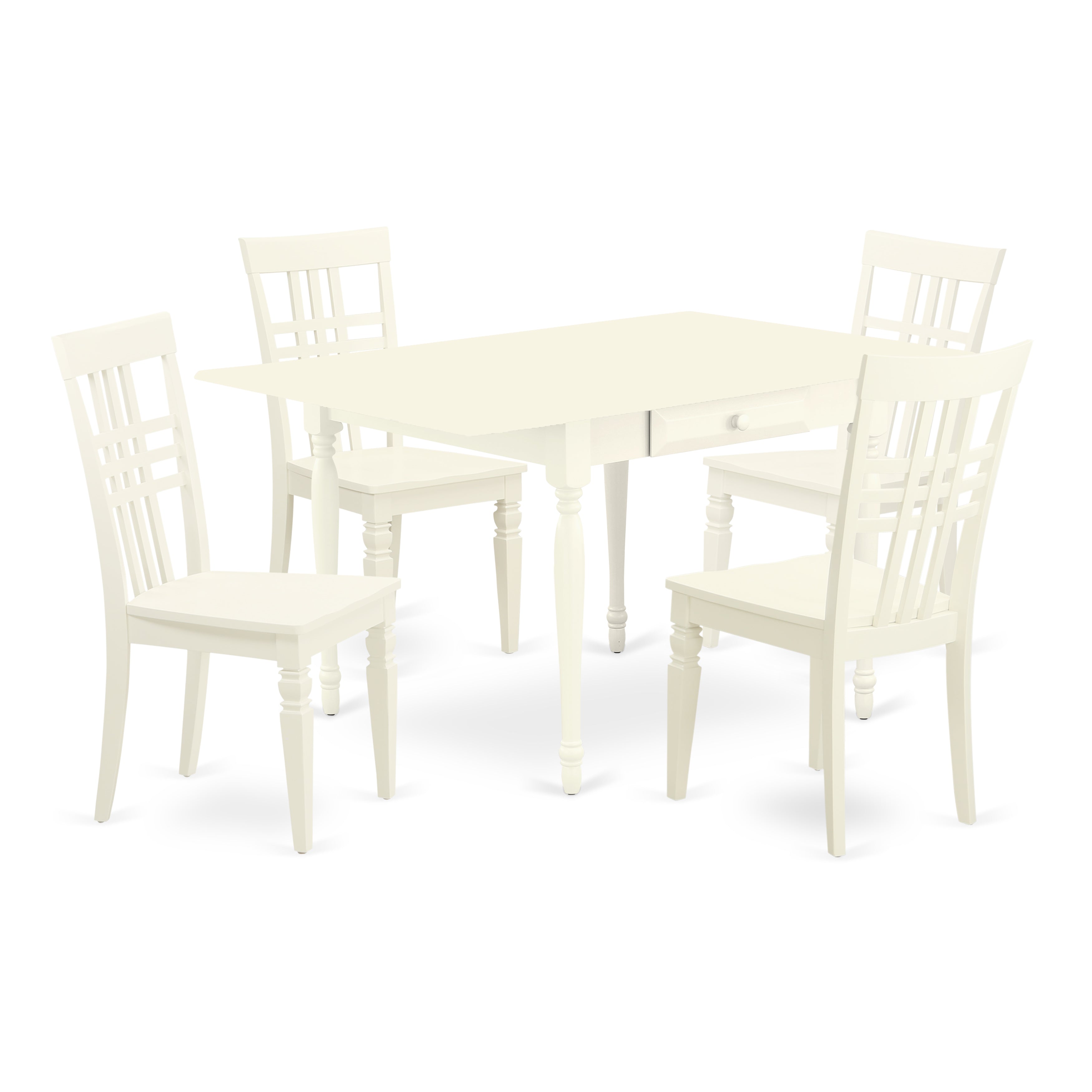 Juego de comedor de 5 piezas East West Furniture MZLG5-LWH-W. Incluye una mesa de comedor rectangular con alas abatibles y 4 sillas con asiento de madera.