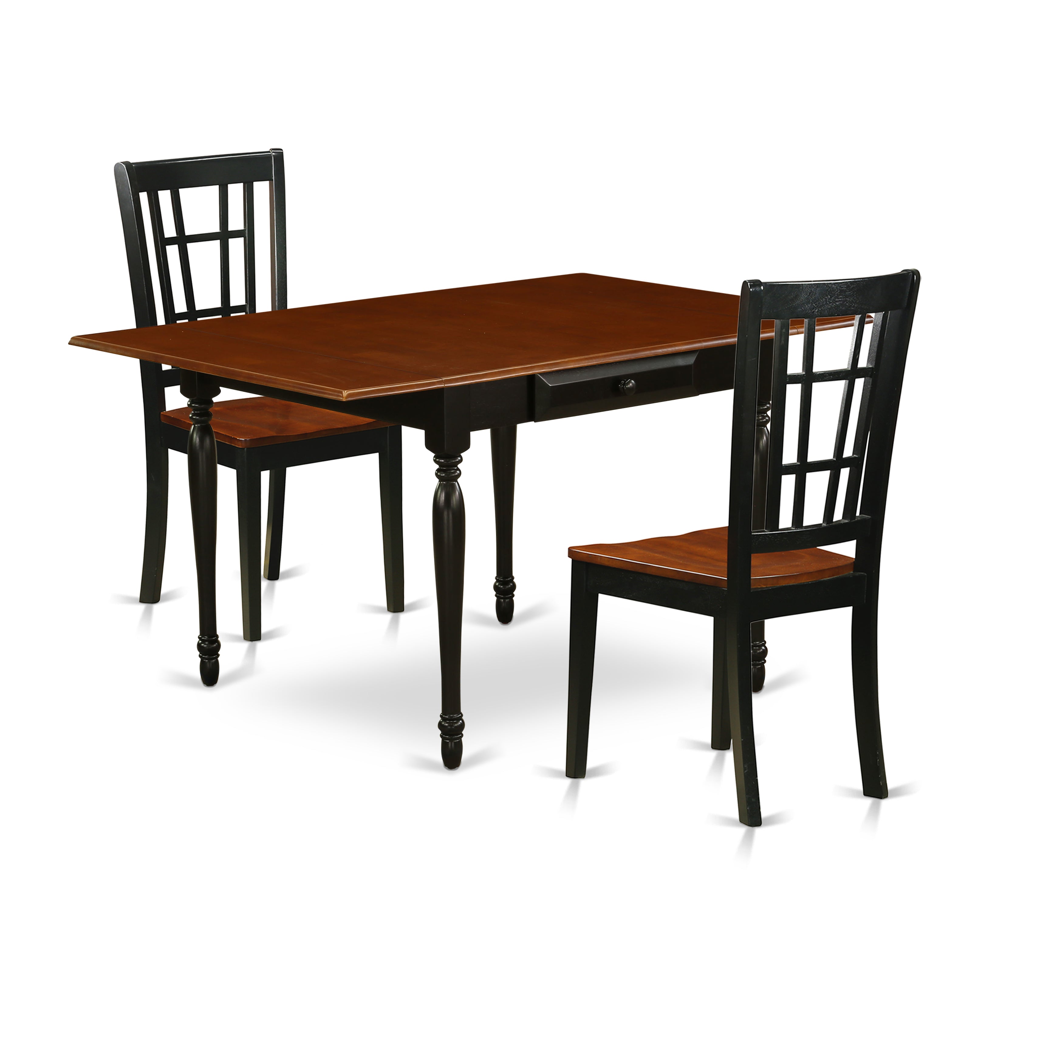 Juego de mesa de comedor de 3 piezas East West Furniture MZNI3-BCH-W para espacios pequeños. Incluye una mesa de comedor rectangular con alas abatibles y dos sillas con asiento de madera.