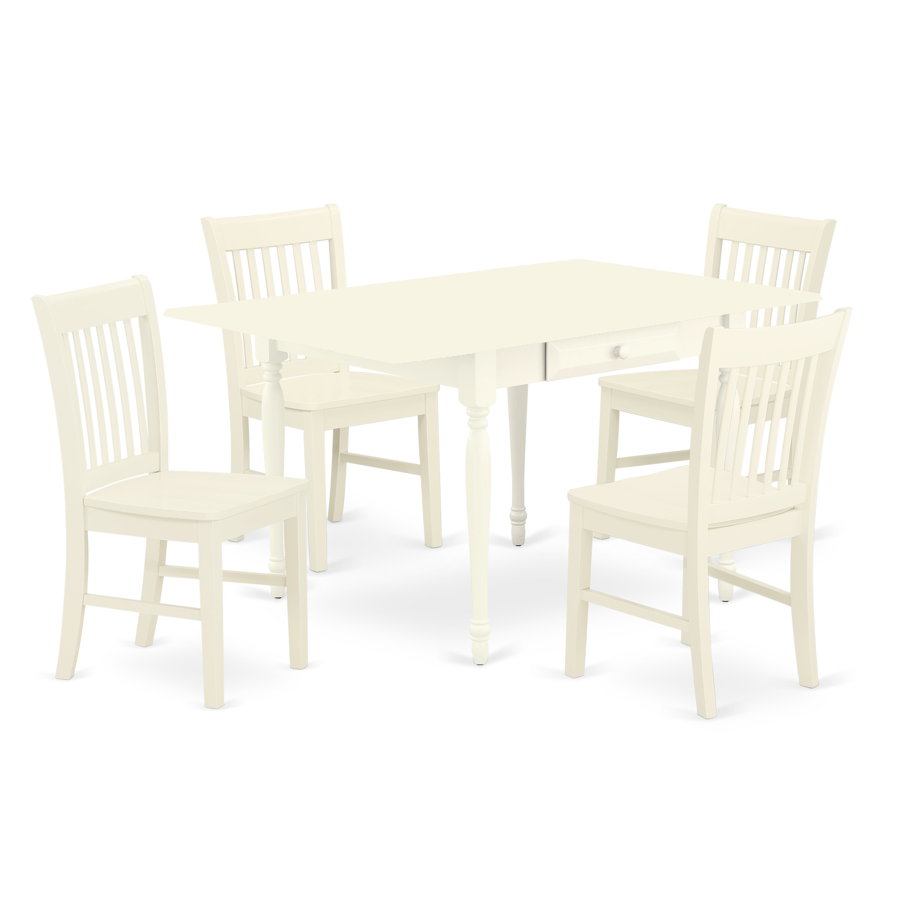 Juego de mesa y sillas de cocina de 5 piezas East West Furniture MZNO5-LWH-W. Incluye una mesa de comedor rectangular con alas abatibles y 4 sillas de comedor.
