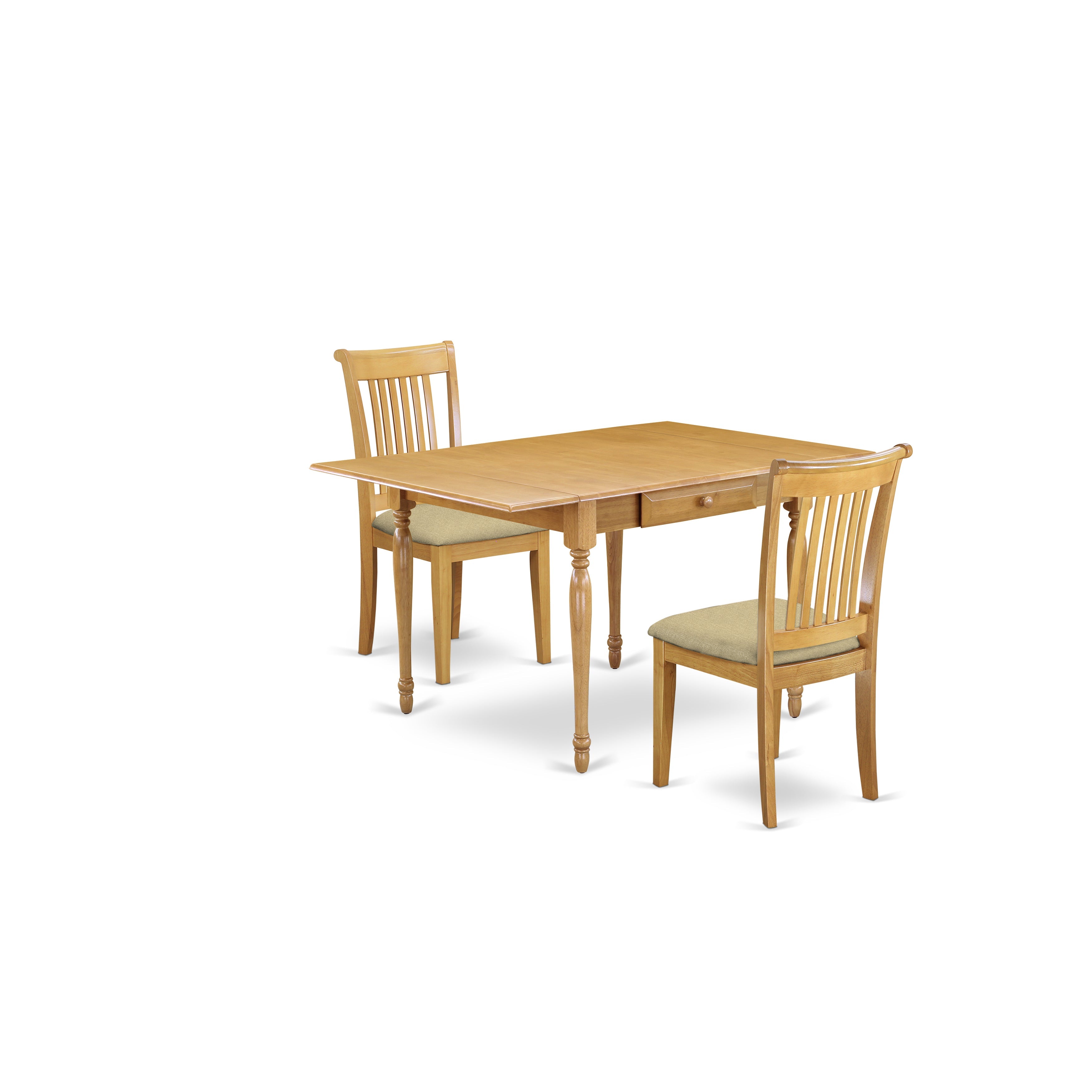 Juego de mesa de cocina de 3 piezas East West Furniture MZPO3-OAK-C para espacios pequeños. Incluye una mesa de comedor rectangular con alas abatibles y dos sillas tapizadas en tela de lino.