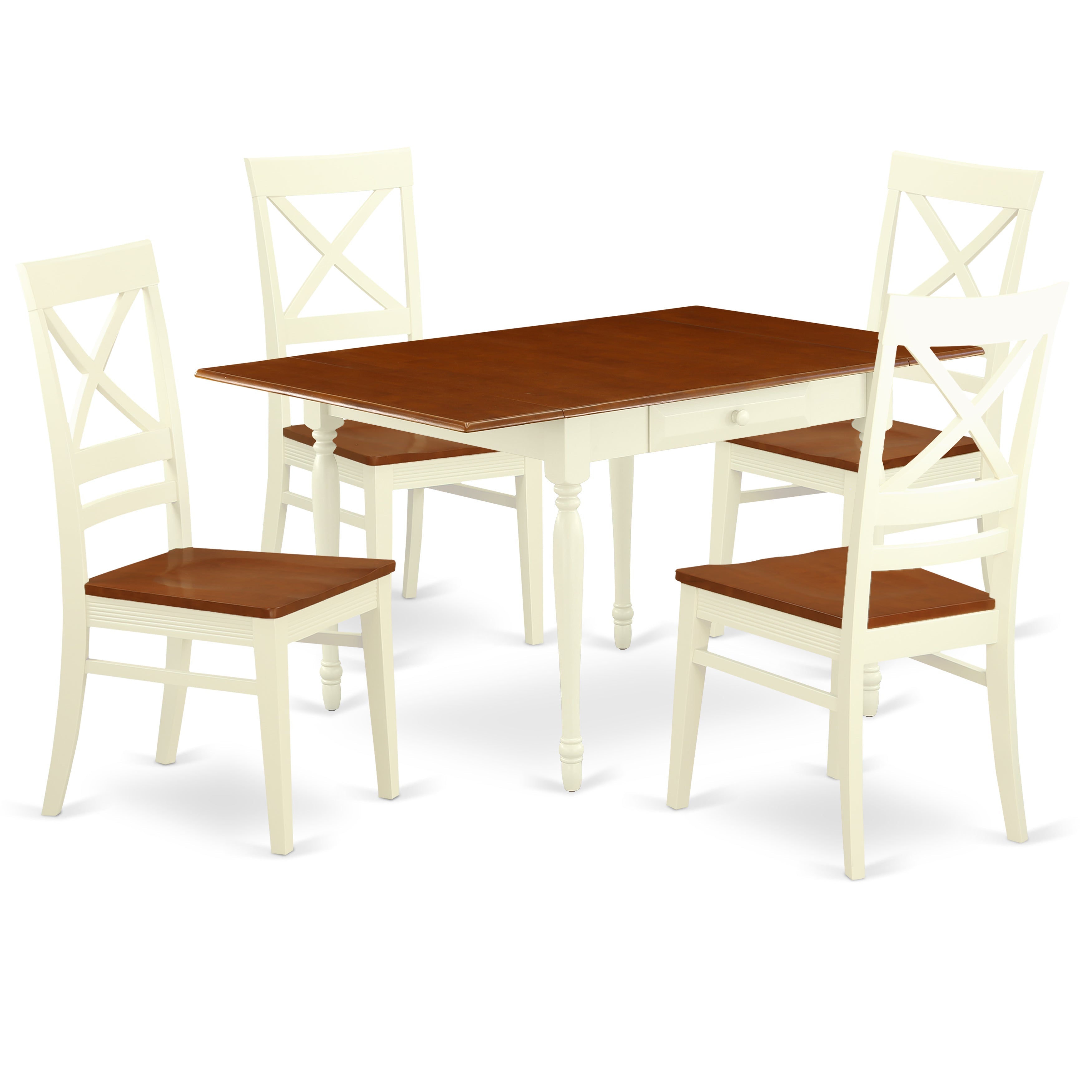 El juego de mesa de comedor moderno de 5 piezas East West Furniture MZQU5-WHI-W incluye una mesa rectangular de madera con alas abatibles y 4 sillas de comedor.