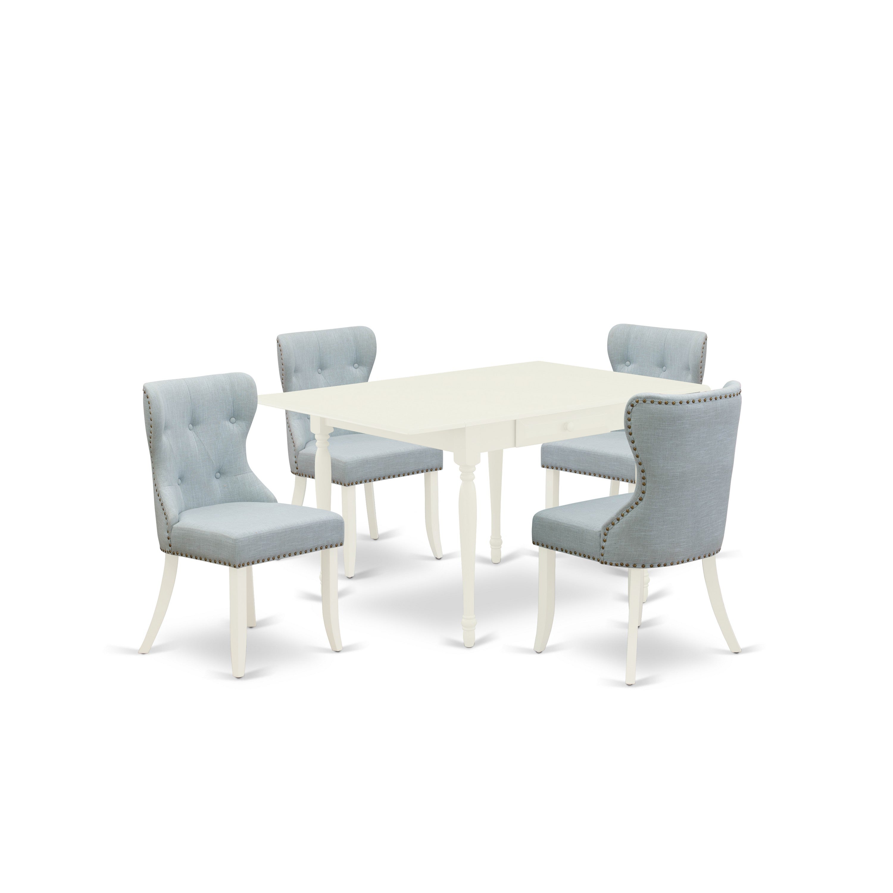El juego de mesa de comedor de 5 piezas East West Furniture MZSI5-LWH-15 incluye una mesa de comedor rectangular con alas abatibles y 4 sillas tapizadas en tela de lino azul bebé.