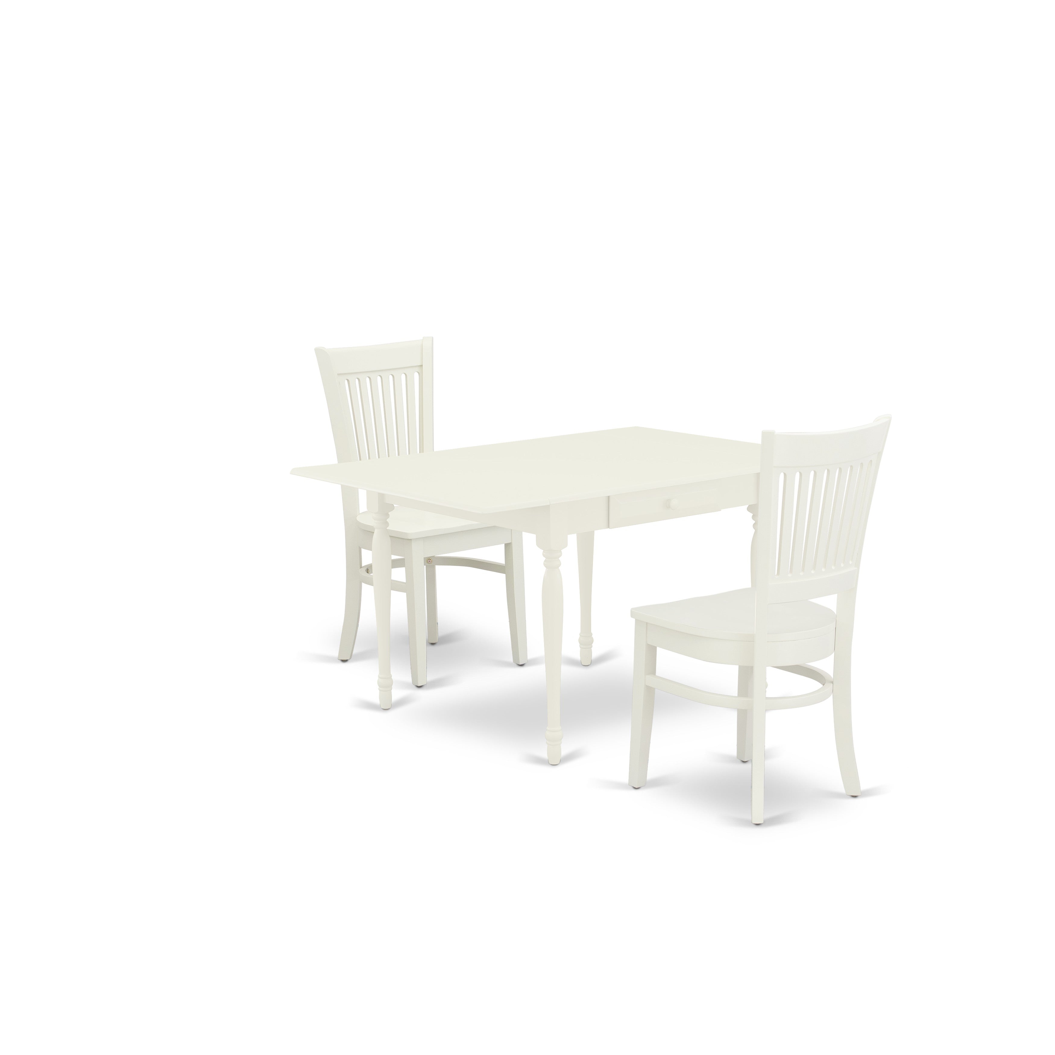 East West Furniture MZVA3-LWH-W 3-Piece kitchen table set-2wooden dining chairs with Slatted Back and a Hardwood Seat-A Drops Leaves kitchen table with Rectangular Top and 4 Legs- Linen White Finish
