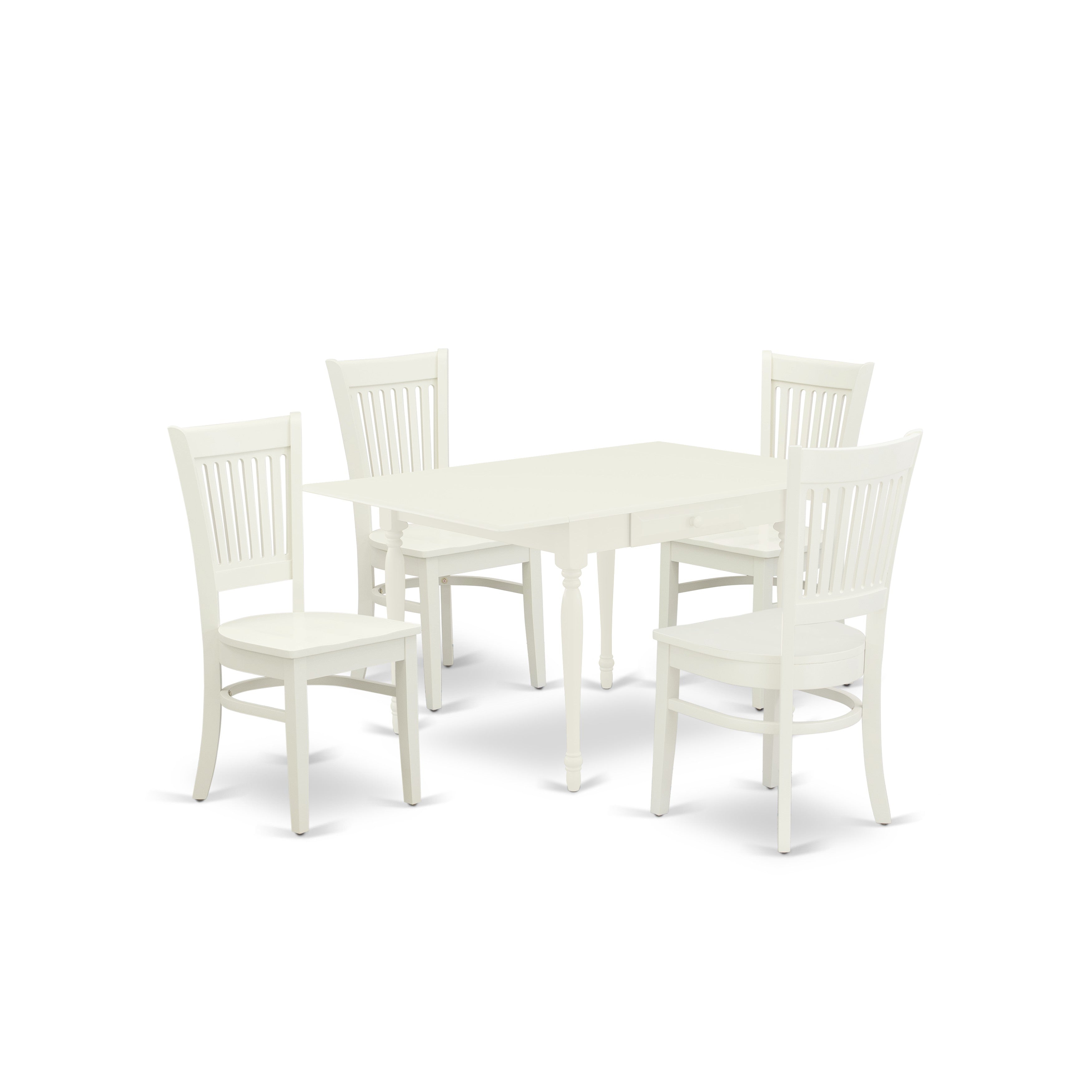 East West Furniture MZVA5-LWH-W 5-Piece wood dining table set - 4 dining room chair with Slatted Back and a Real wood Seat-A Drops Leaves small table with Rectangular Top and 4 Legs - Linen White Finish