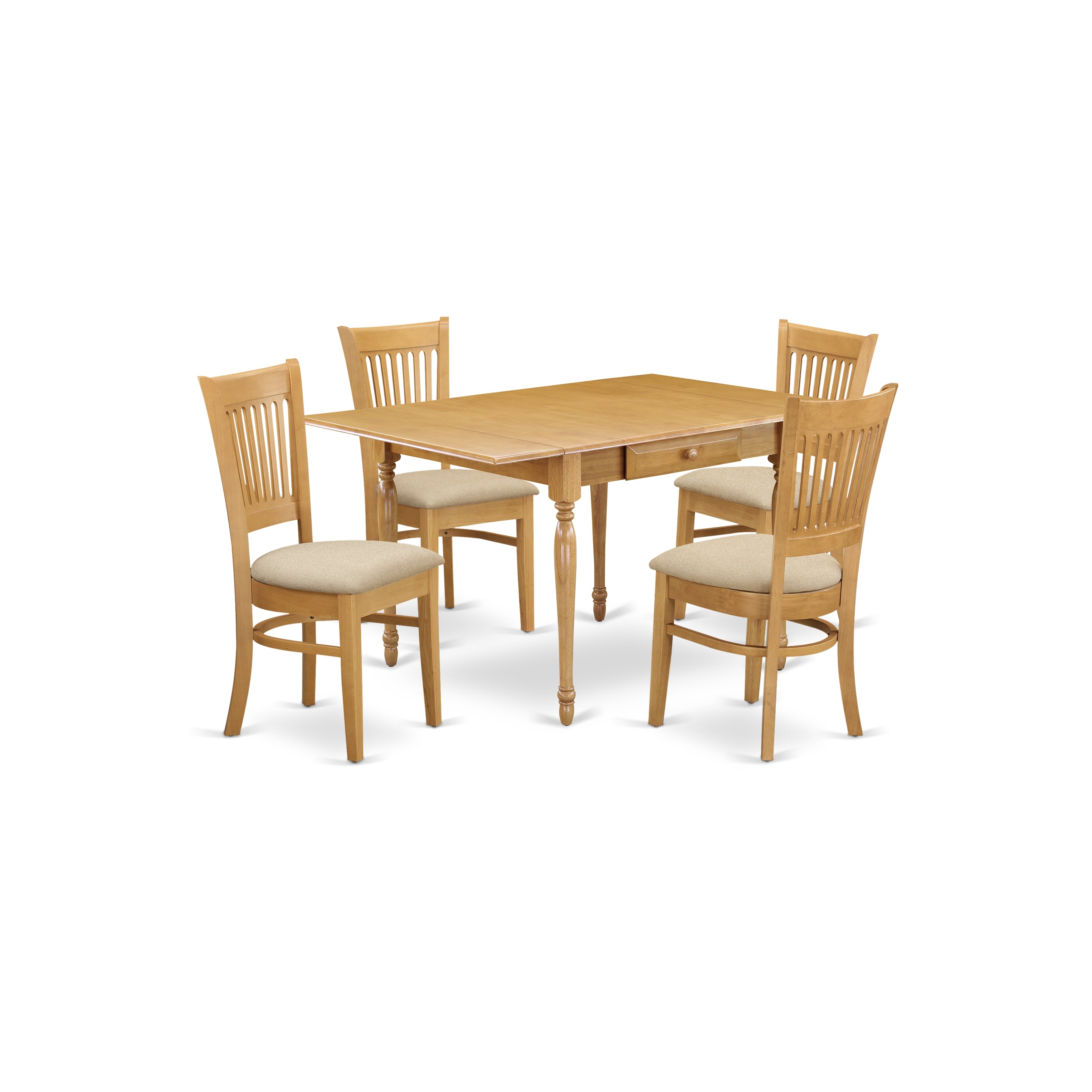 East West Furniture MZVA5-OAK-C 5 Pieces Dinette set - Durable Two 9-Inch Drop Down Leaves Wooden Kitchen Table and 4 Linen Fabic Seat Wood Dining Chairs, Oak Finish