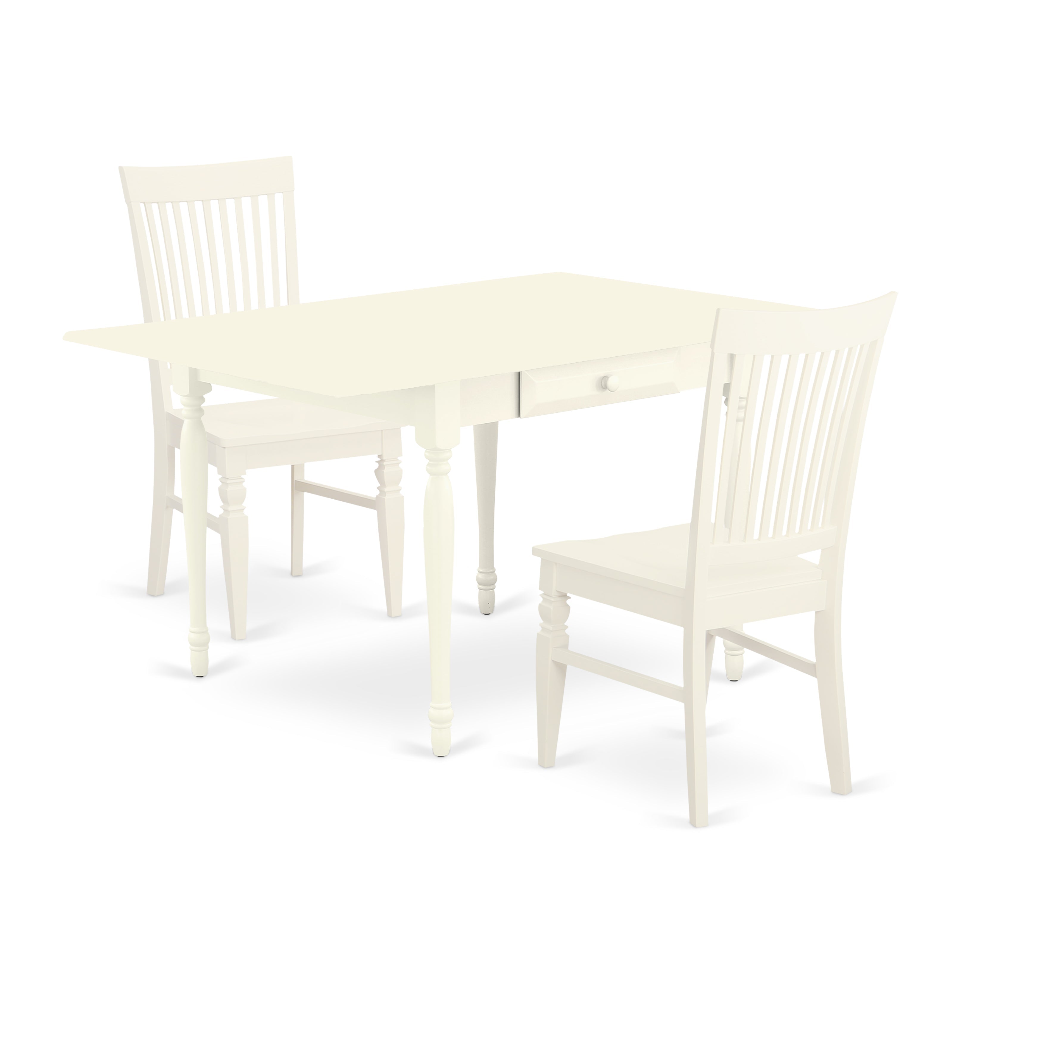 MZWE3-LWH-W 3 Pieces Wooden Dining Table set - Heavy Duty Drop Leaf Solid Wood Modern Dining Table and 2 Wooden Seat Kitchen Chairs, Linen White Finish