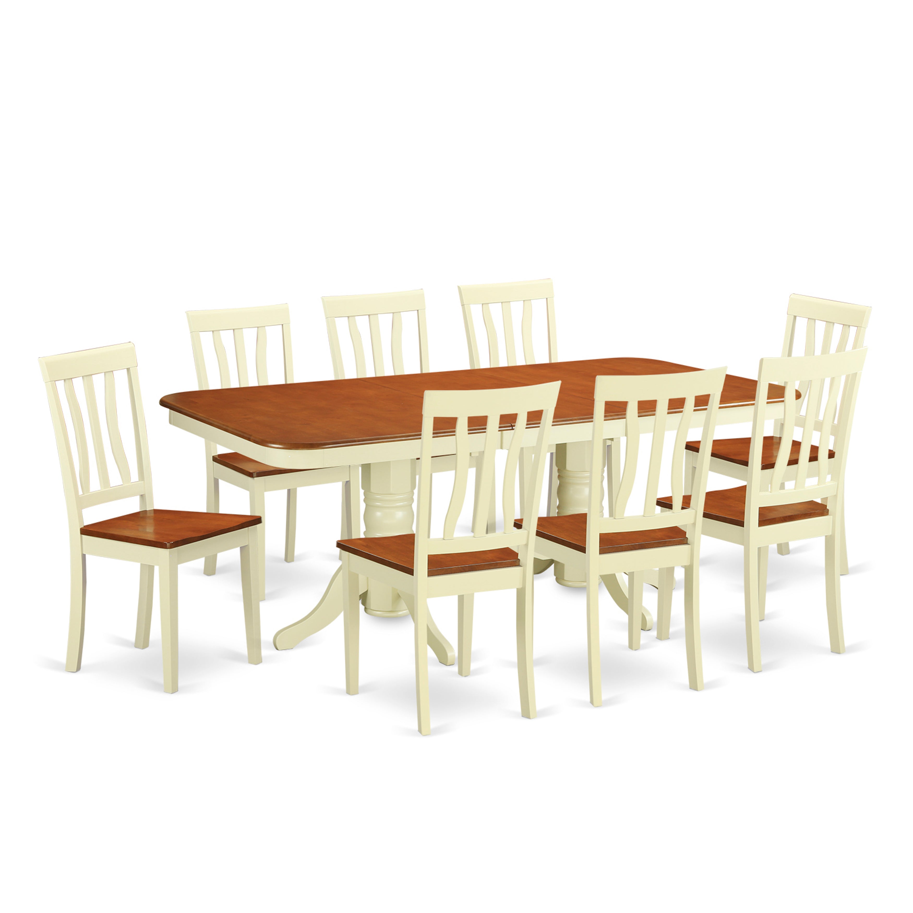 El juego de mesa de comedor East West Furniture NAAN9-WHI-W de 9 piezas incluye una mesa de cocina rectangular con diseño de hojas de mariposa y 8 sillas de comedor.