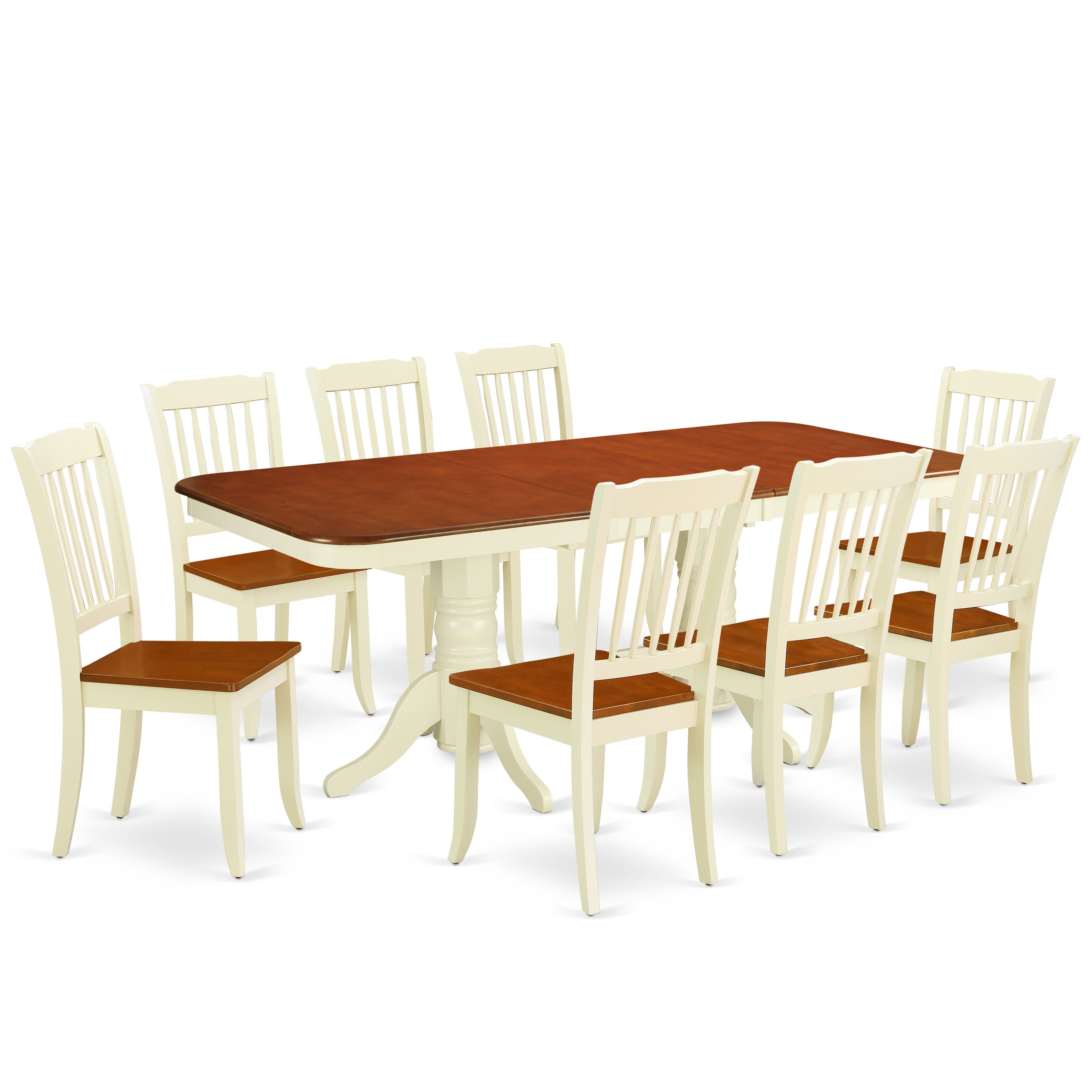 Juego de mesa y sillas de cocina de 9 piezas NADA9-BMK-W de East West Furniture. Incluye una mesa de comedor rectangular con diseño de hojas de mariposa y 8 sillas de comedor.