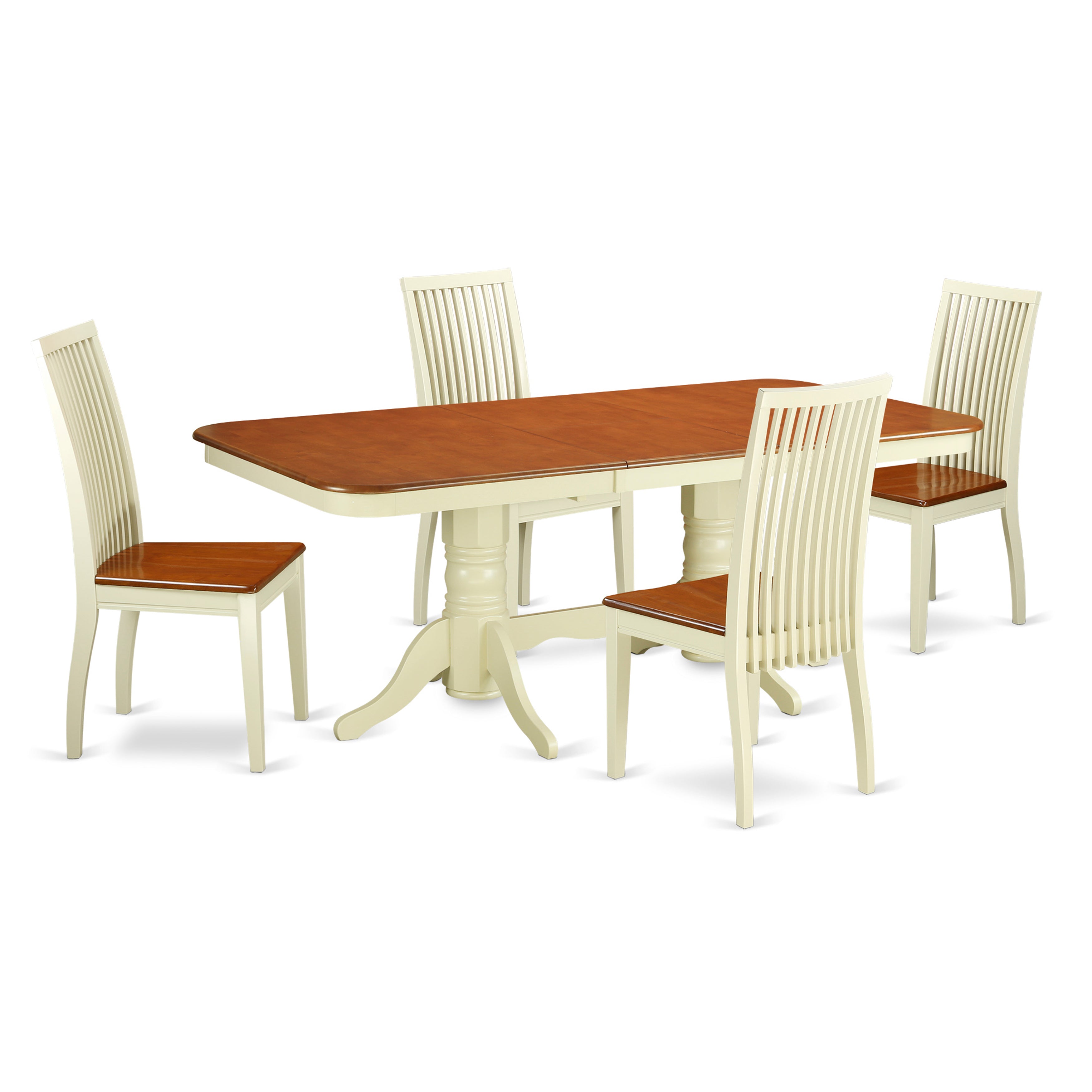 Juego de mesa de cocina de 5 piezas East West Furniture NAIP5-BMK-W para 4 personas. Incluye una mesa de comedor rectangular con diseño de hojas de mariposa y 4 sillas de madera maciza.