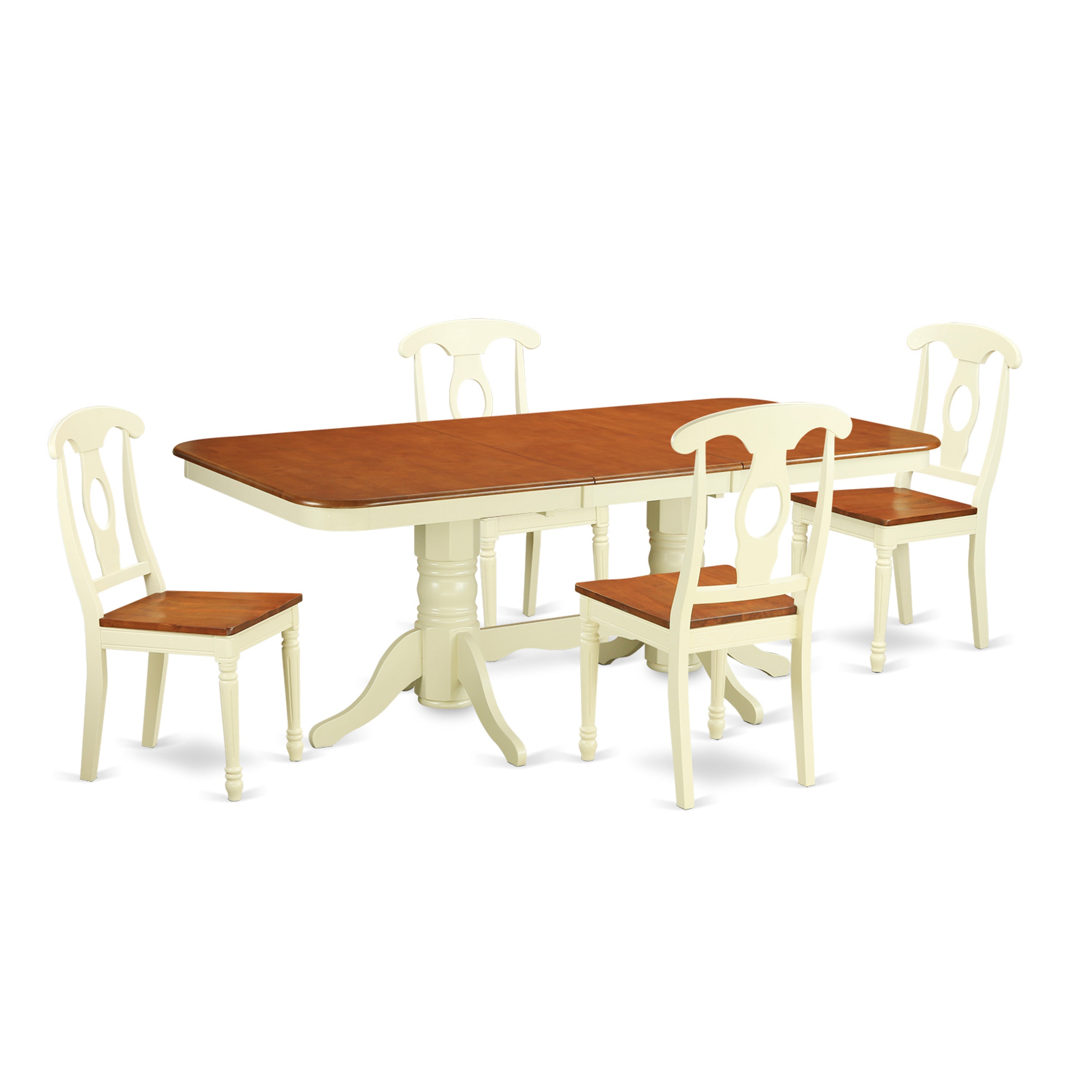 Juego de mesa y sillas de cocina de 5 piezas NAKE5-WHI-W de East West Furniture. Incluye una mesa de comedor rectangular con diseño de hojas de mariposa y 4 sillas de comedor.