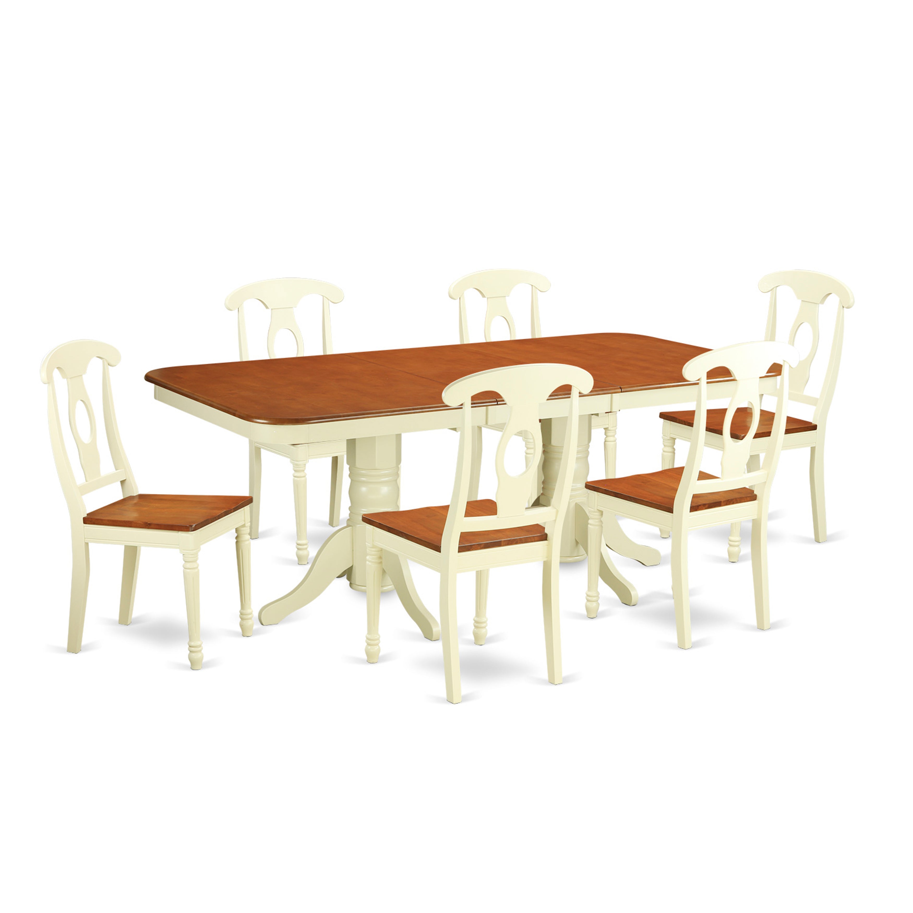 Juego de mesa de comedor moderna East West Furniture NAKE7-WHI-W de 7 piezas compuesto por una mesa rectangular de madera con hojas de mariposa y 6 sillas de comedor.