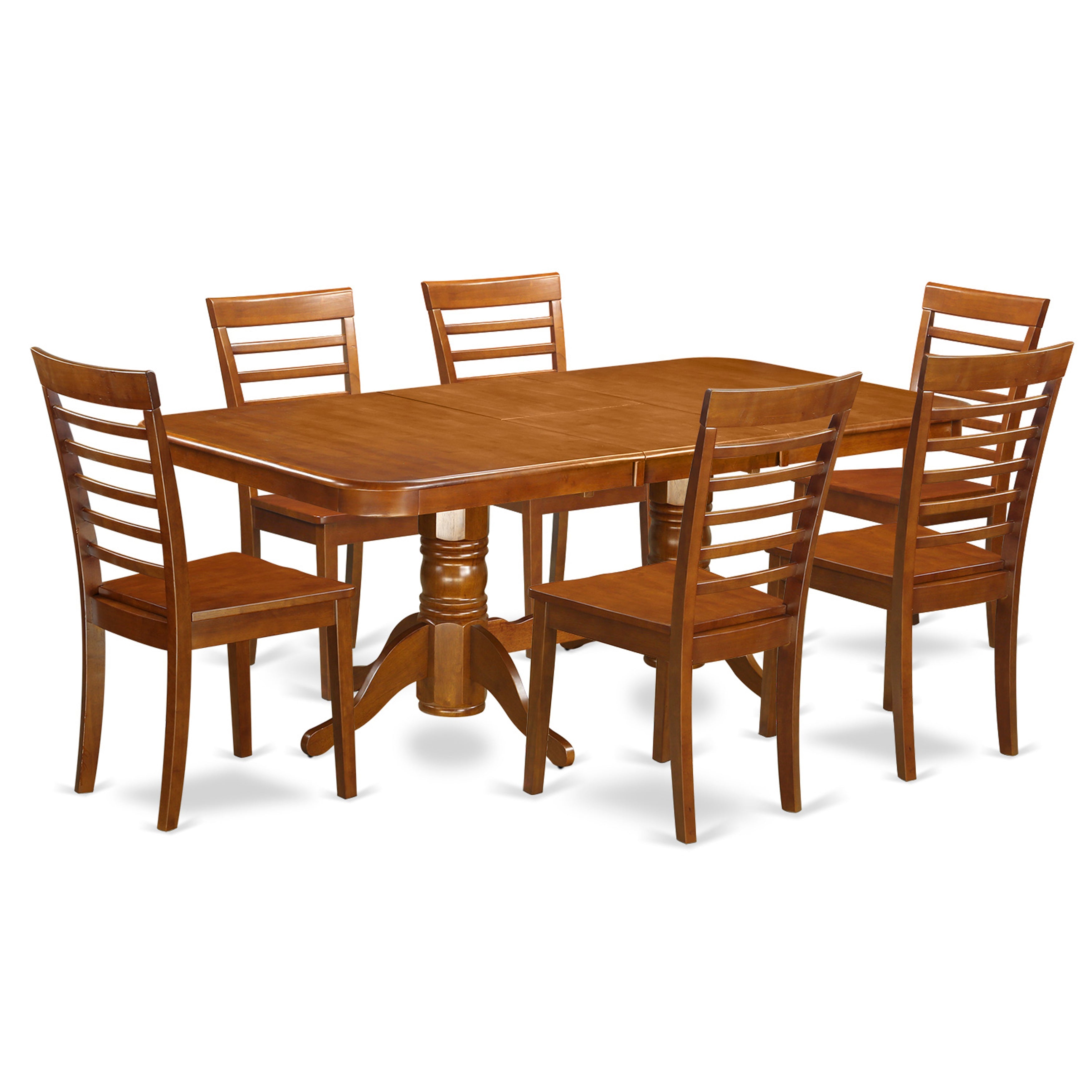 Juego de mesa de comedor East West Furniture NAML7-SBR-W de 7 piezas compuesto por una mesa rectangular con hojas de mariposa y 6 sillas con asiento de madera.