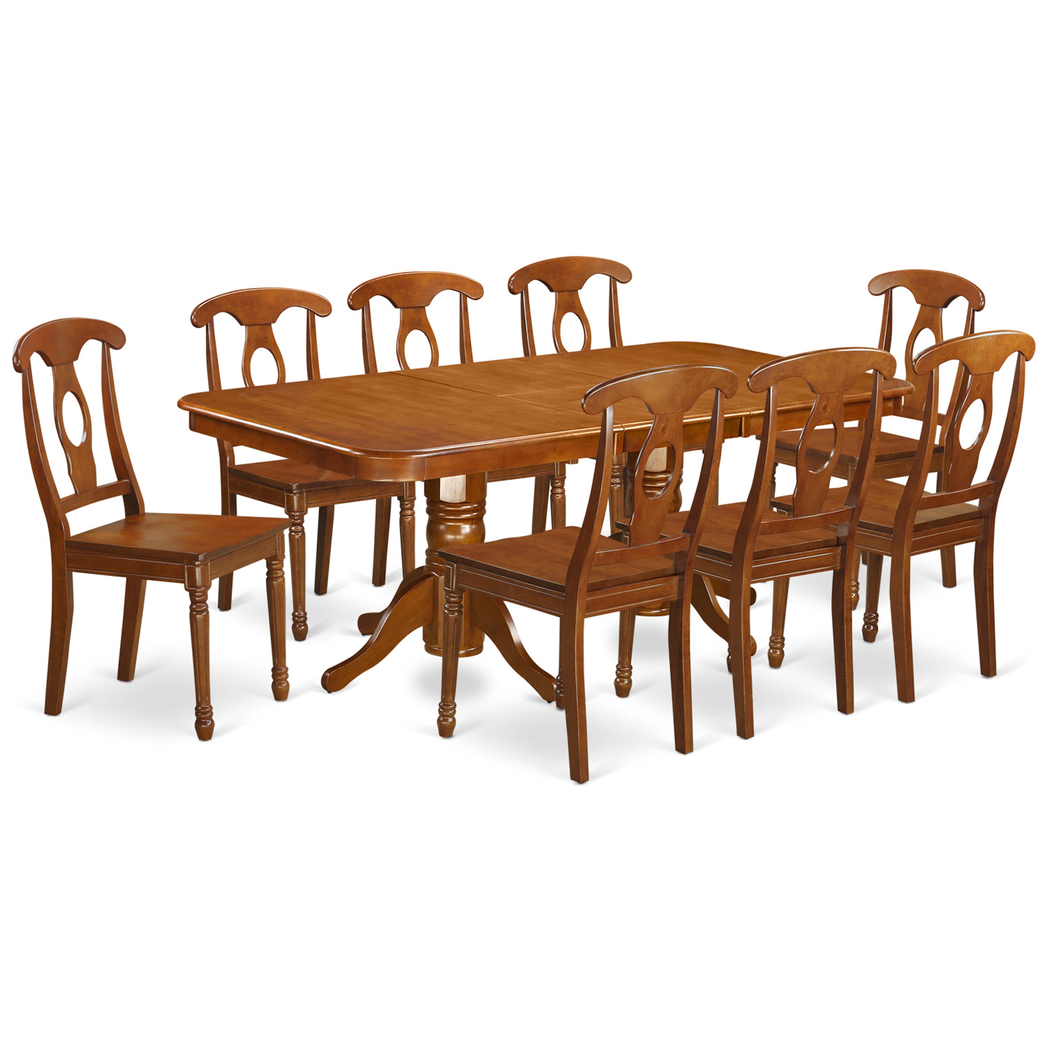 Juego de mesa y sillas de cocina East West Furniture NANA9-SBR-W de 9 piezas. Incluye una mesa de comedor rectangular con hojas de mariposa y 8 sillas con asiento de madera maciza.