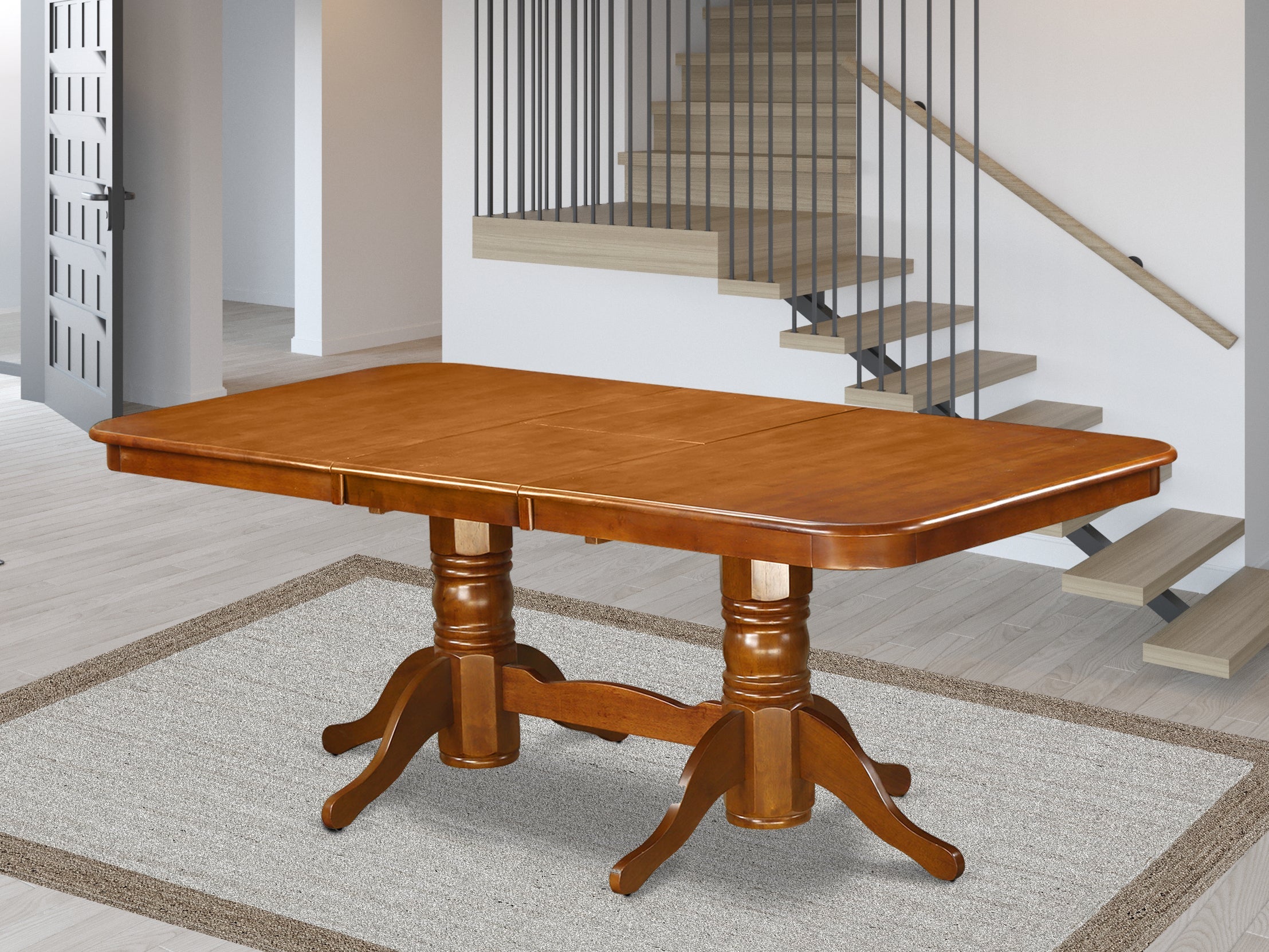 NAT-SBR-TP rectangular round corner Dining Table with 18 in self storage leaf in saddle brown