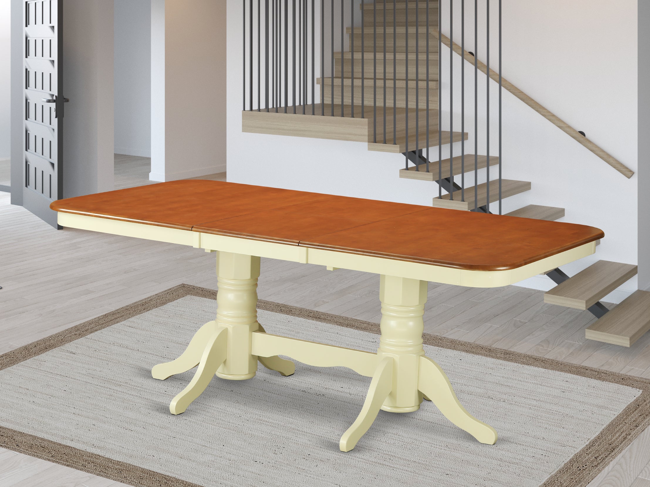 Mesa de cocina Napoleón NAT-WHI-TP de East West Furniture: una mesa de comedor rectangular con superficie de hoja de mariposa y base de pedestal doble