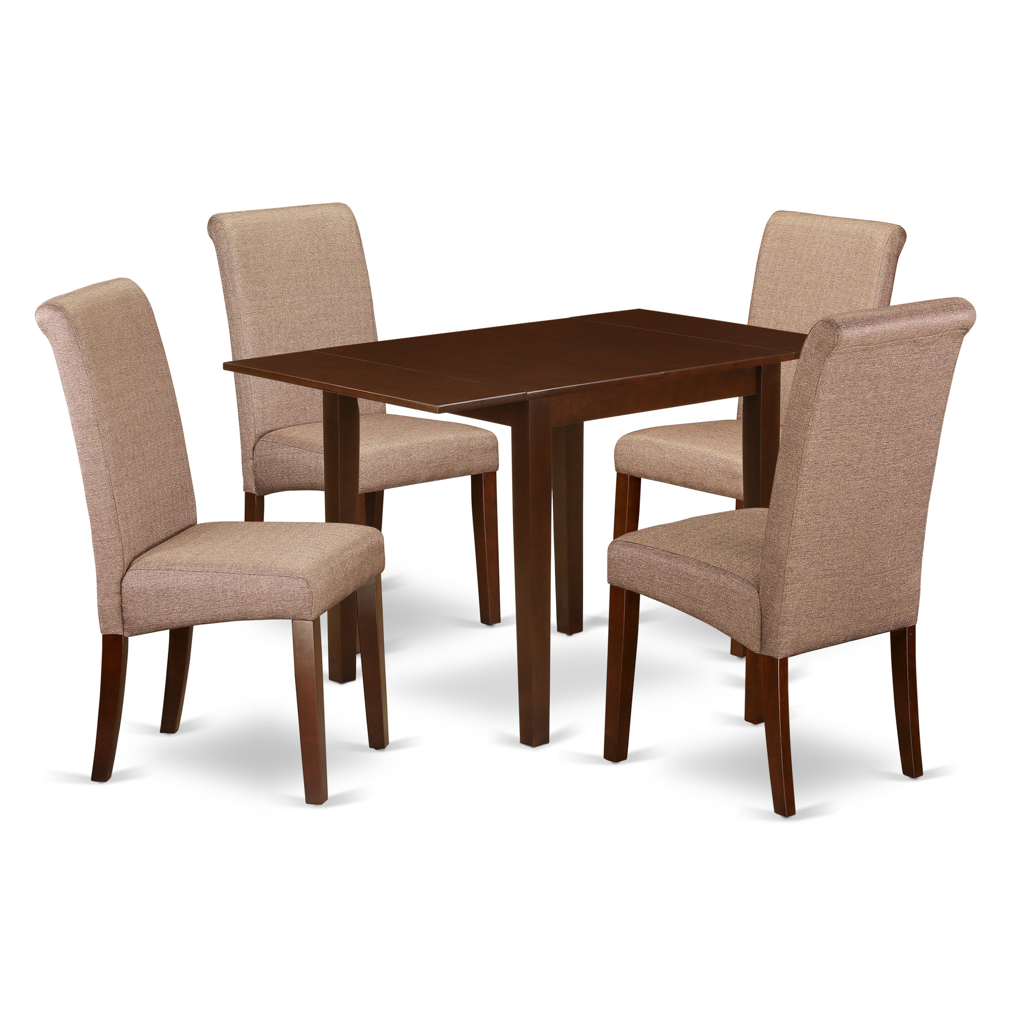 Juego de cocina de 5 piezas East West Furniture NDBA5-MAH-18 para 4 personas. Incluye una mesa de comedor rectangular con alas abatibles y 4 sillas de comedor Parson de tela de lino marrón.