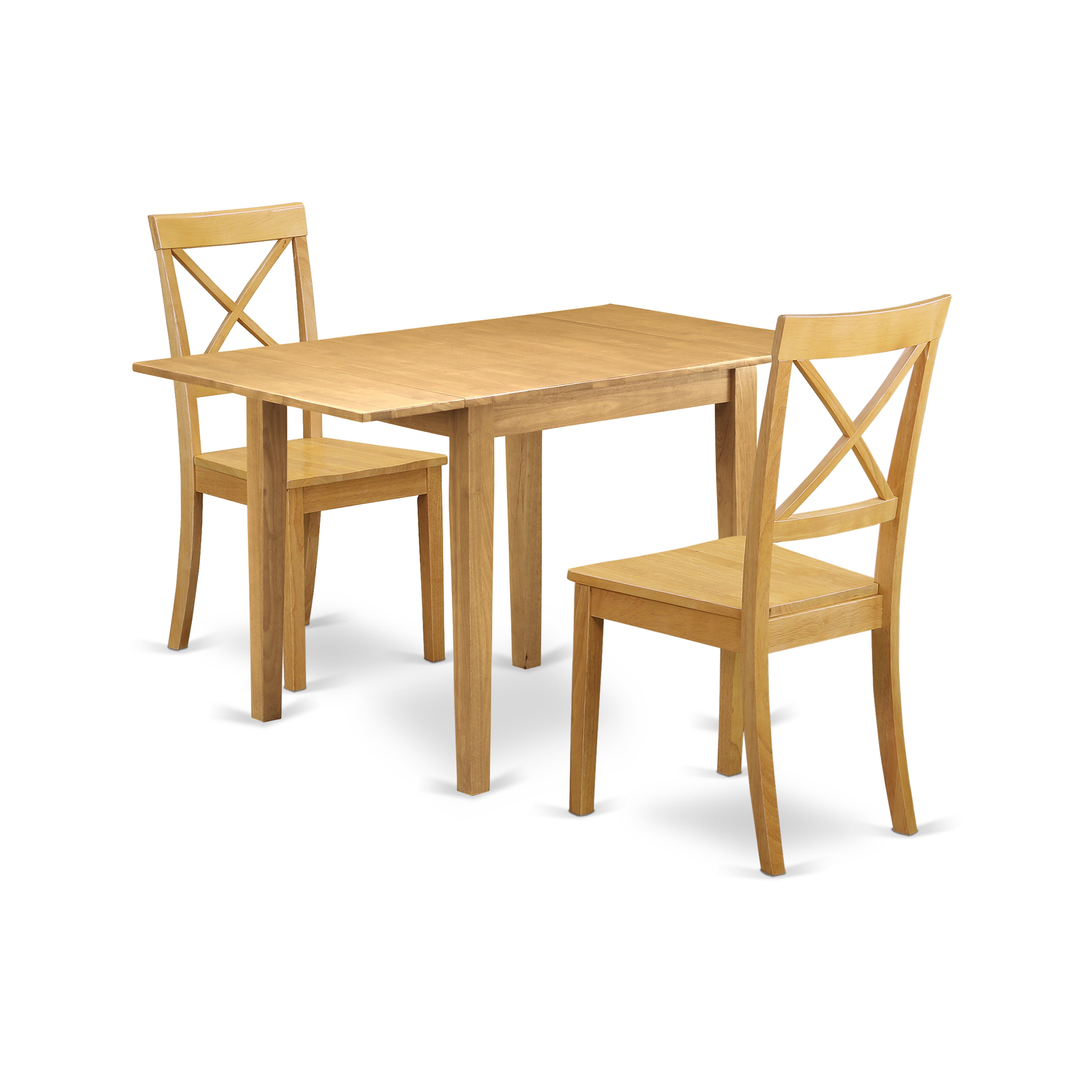 Juego de mesa de comedor de 3 piezas NDBO3-OAK-W de East West Furniture. Contiene una mesa de comedor rectangular con alas abatibles y 2 sillas con asiento de madera.