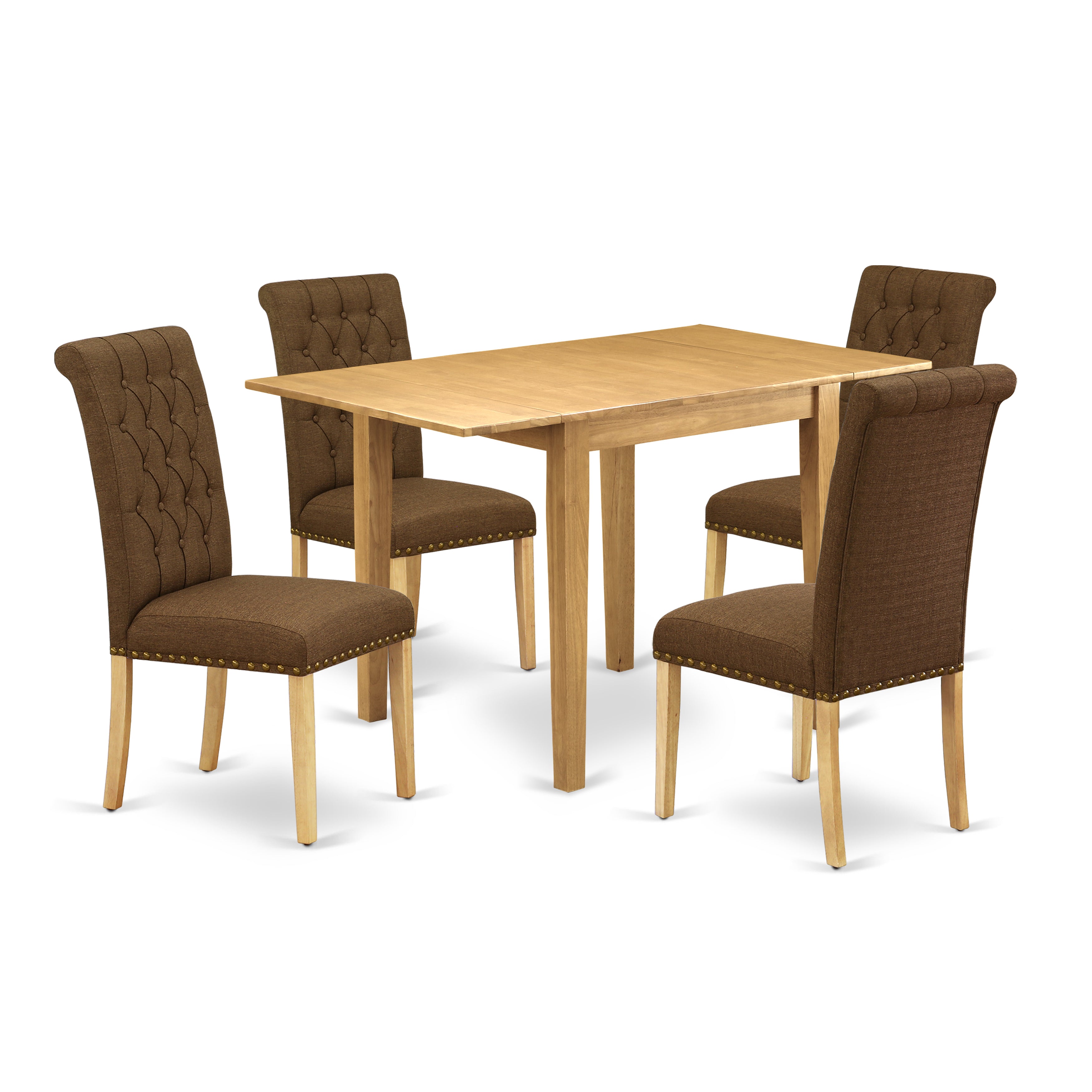 Juego de mesa de comedor de 5 piezas East West Furniture NDBR5-OAK-18 para 4 personas. Incluye una mesa de cocina rectangular con alas abatibles y 4 sillas tapizadas en tela de lino marrón.